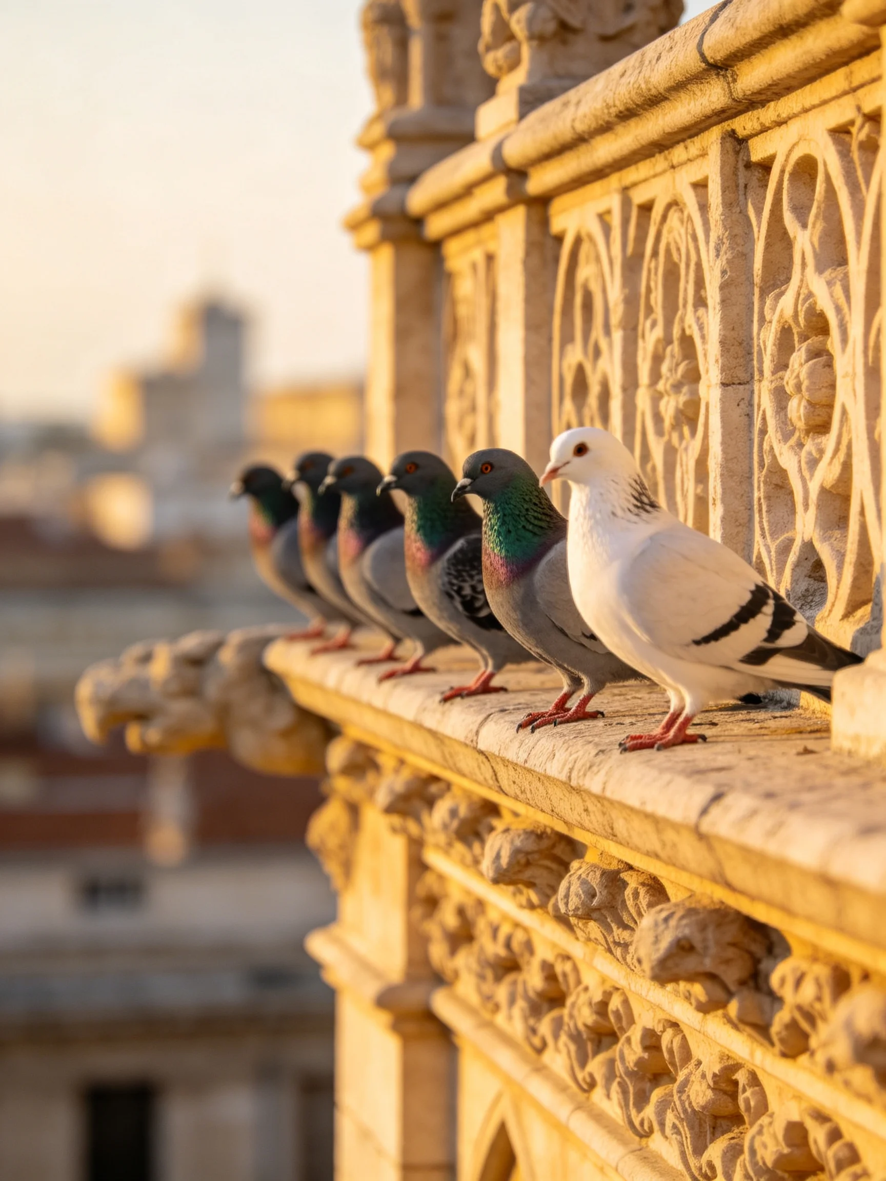 Six pigeons of diverse colors rest on an elaborately carved stone ledge at sunset