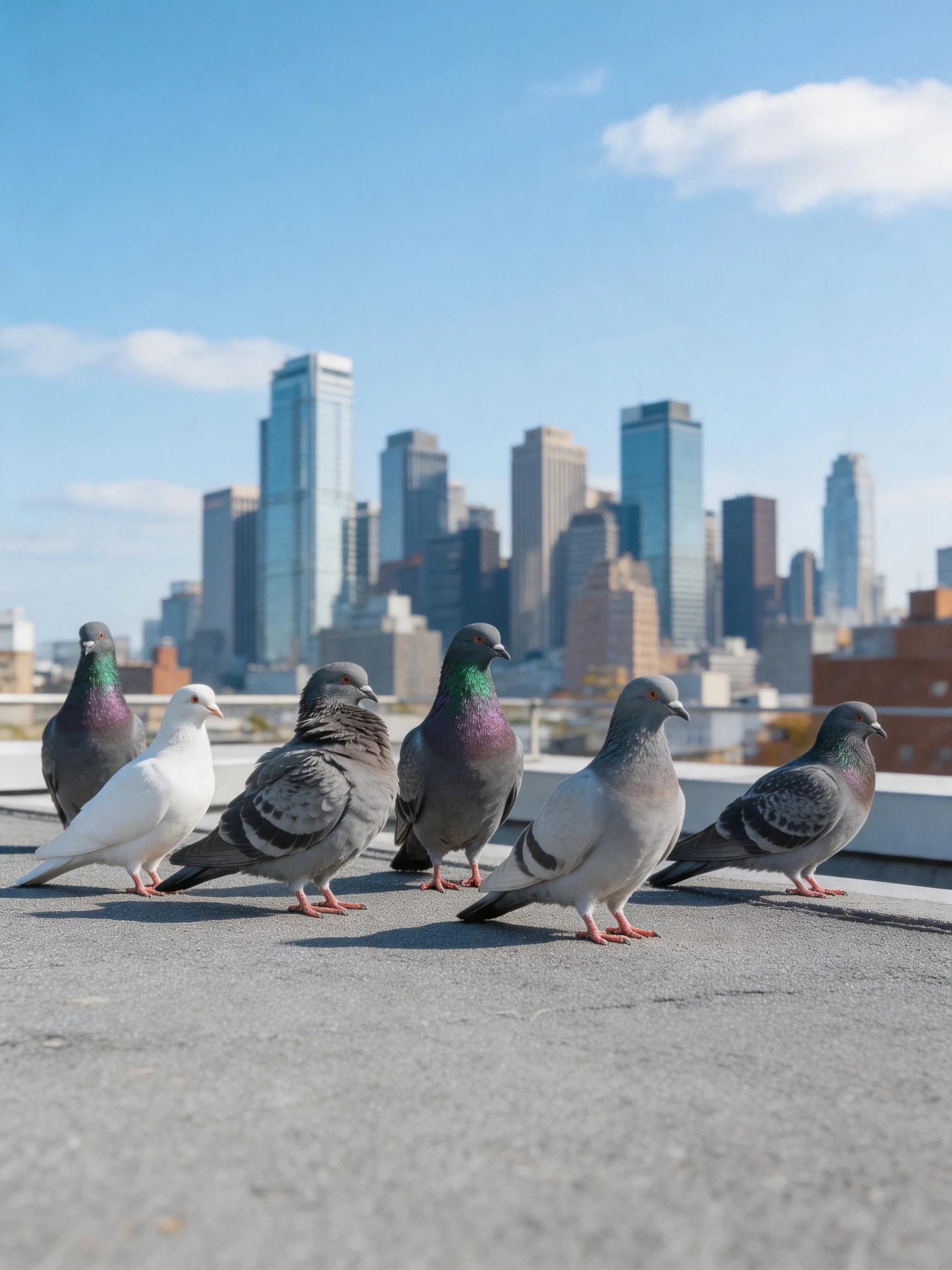 Six pigeons of varied hues rest on a rooftop beside a city skyline