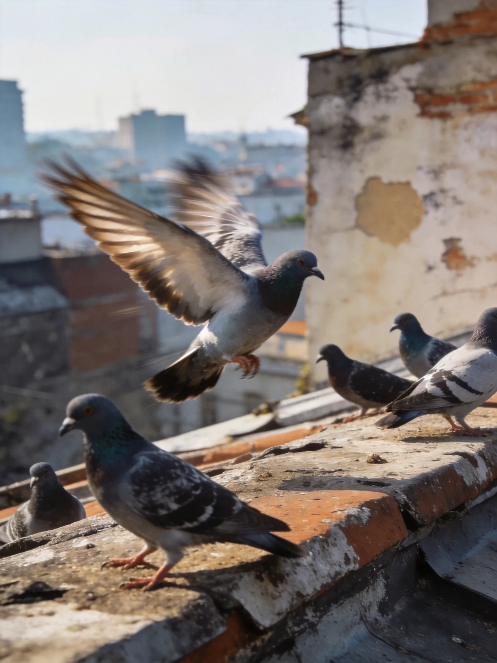 Six pigeons on a weathered rooftop near peeling old buildings