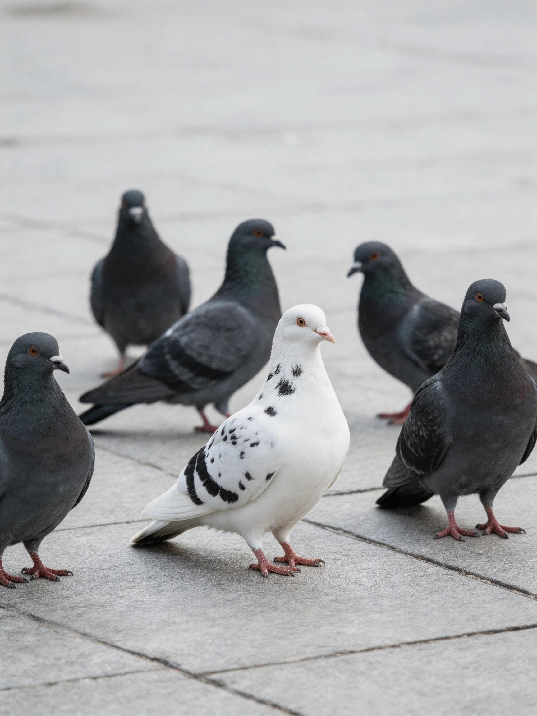 Six pigeons on pavement, one white pigeon with black spots