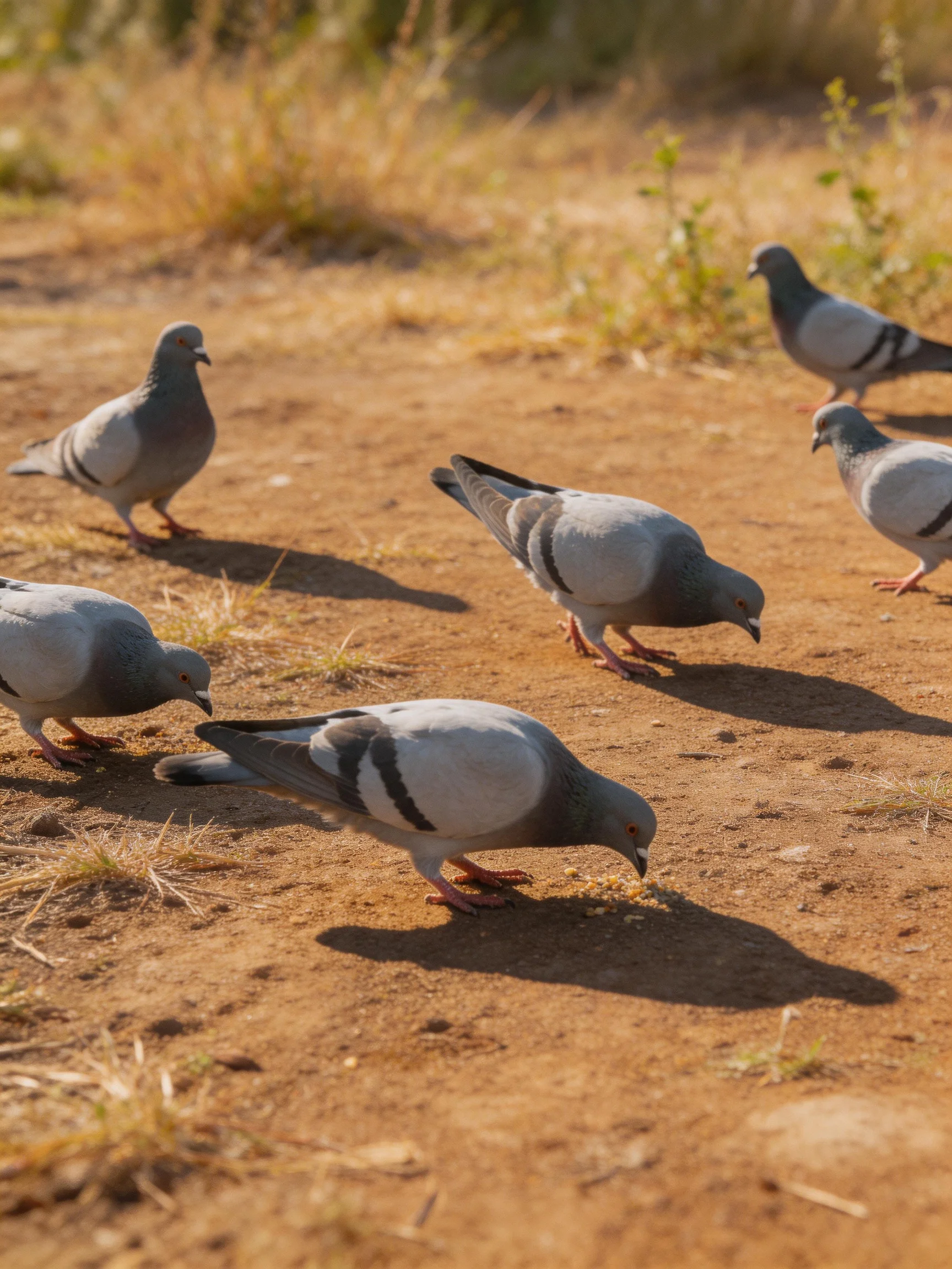 Six pigeons pecking at food on a dusty brown path