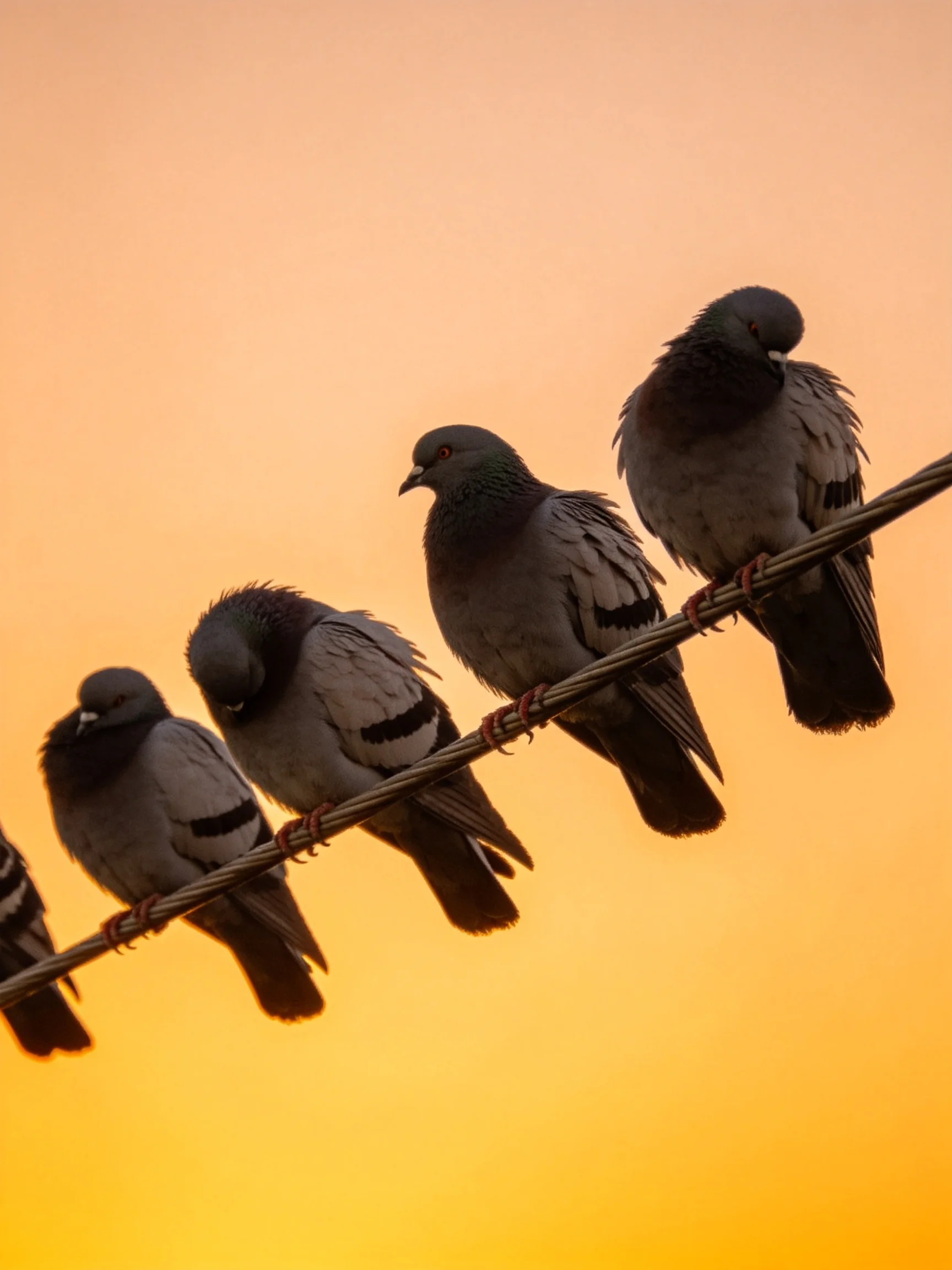 Six pigeons perch on a wire beneath a golden sunset sky