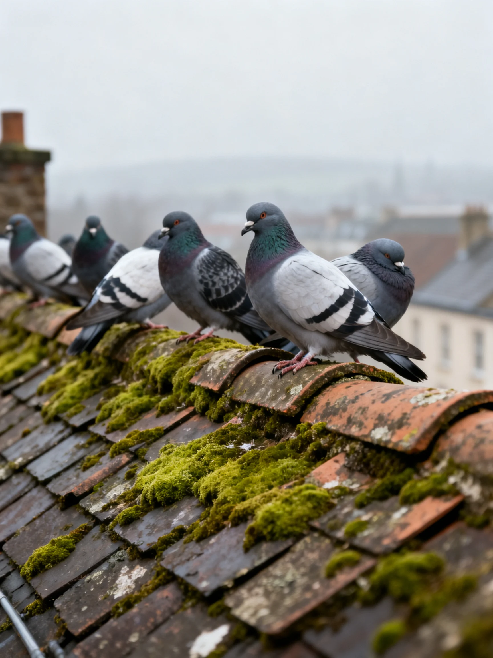 Six pigeons rest on a moss-covered, aged rooftop