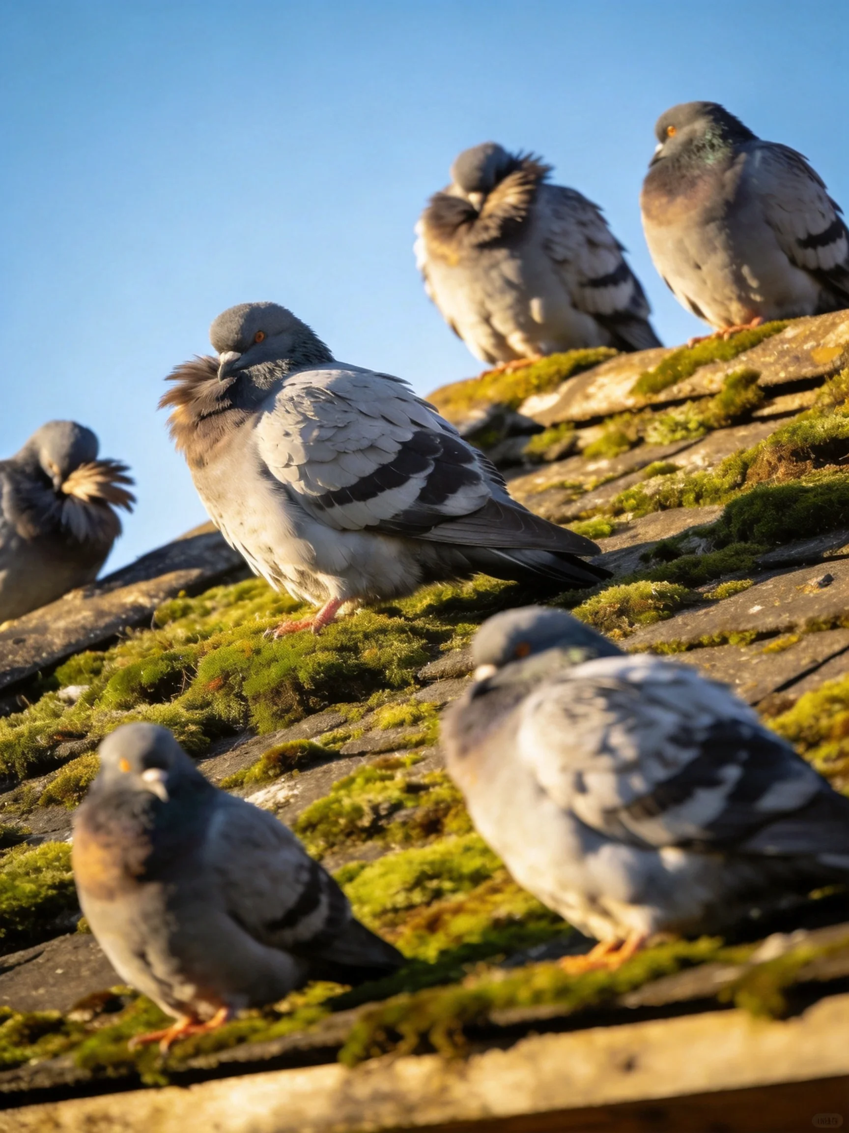 Six pigeons rest on a mossy rooftop under bright sunlight