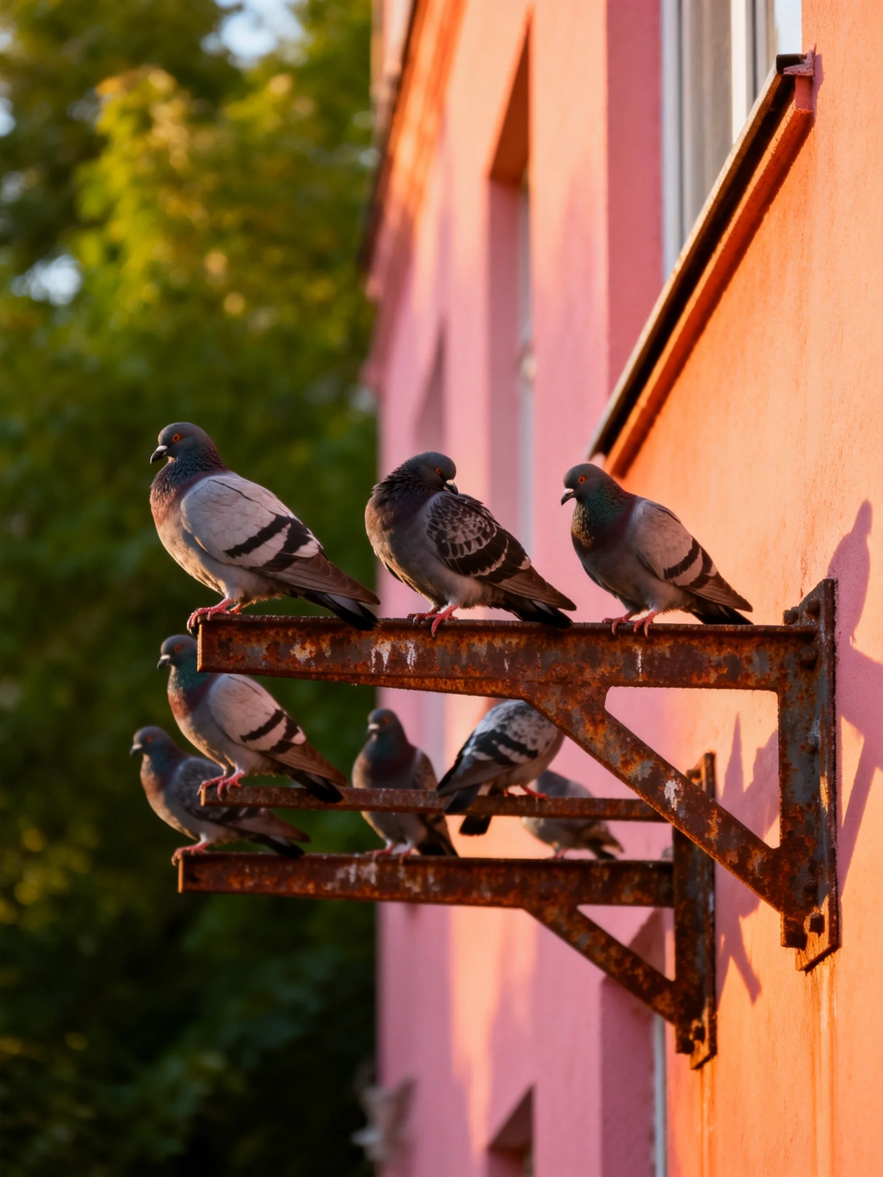 Six pigeons rest on a rusted metal bracket attached to a pink building