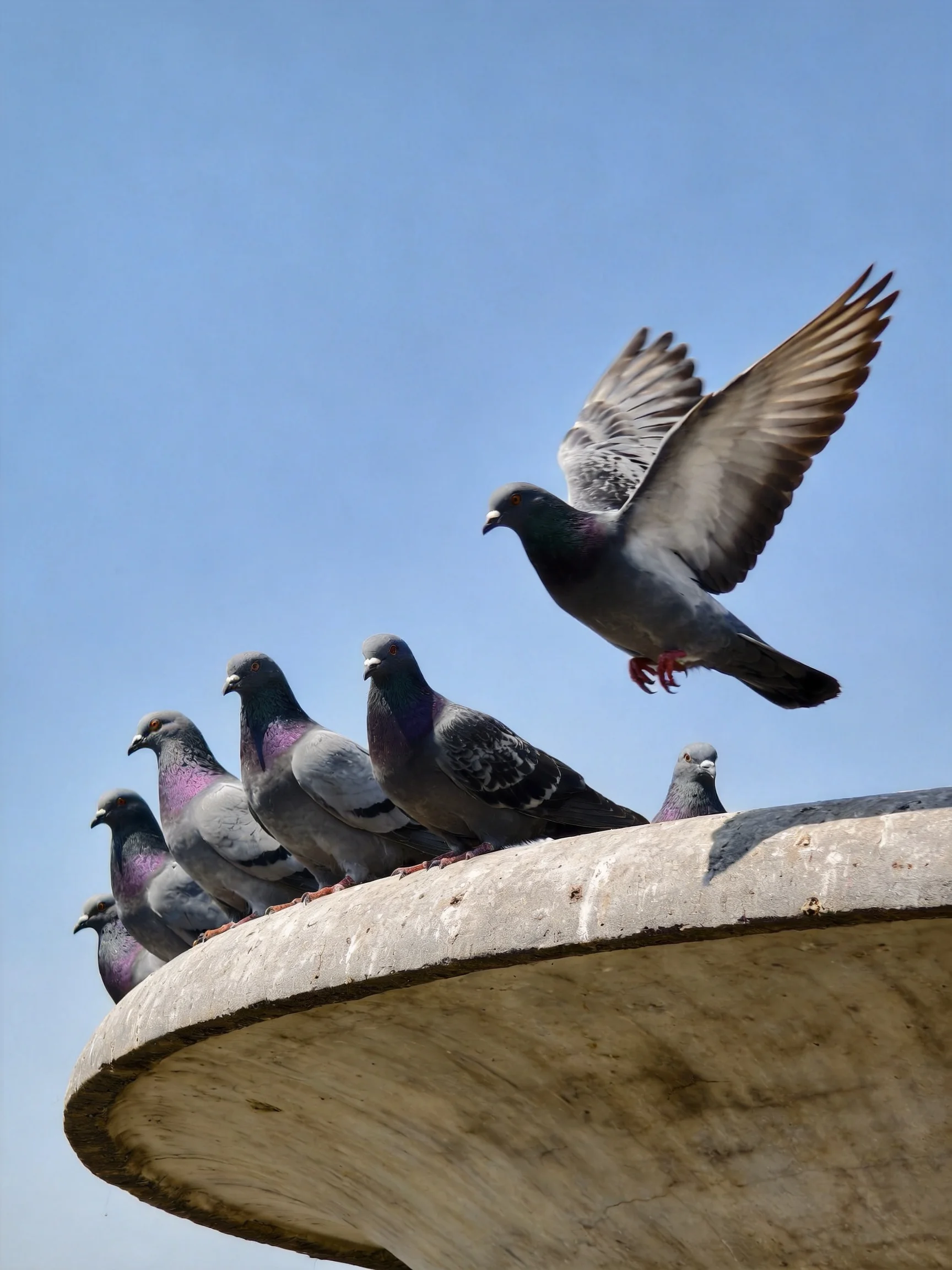 Six pigeons rest on a weathered concrete fountain; one pigeon flies upward