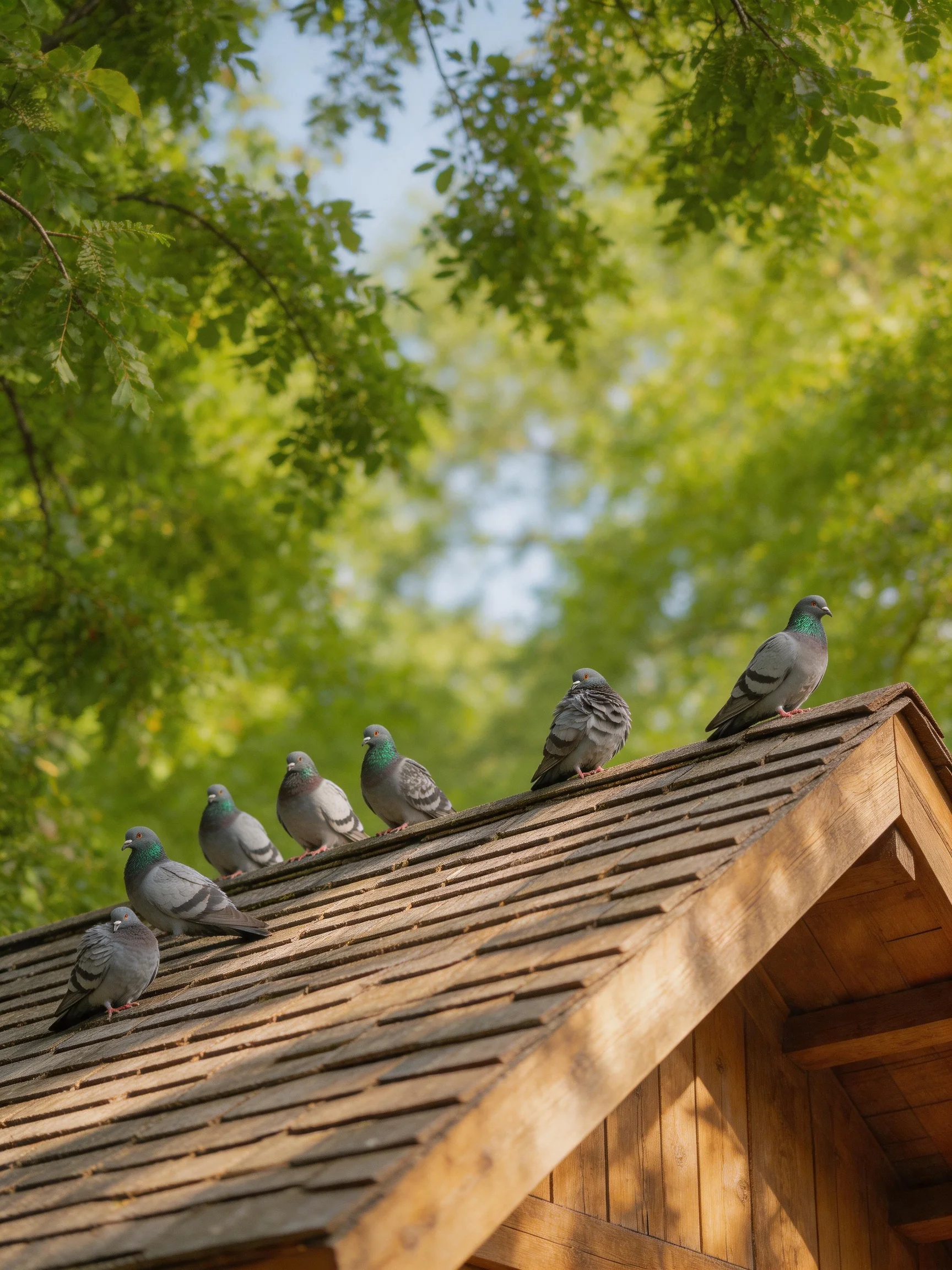 Six pigeons rest on a wooden roof amidst lush green trees