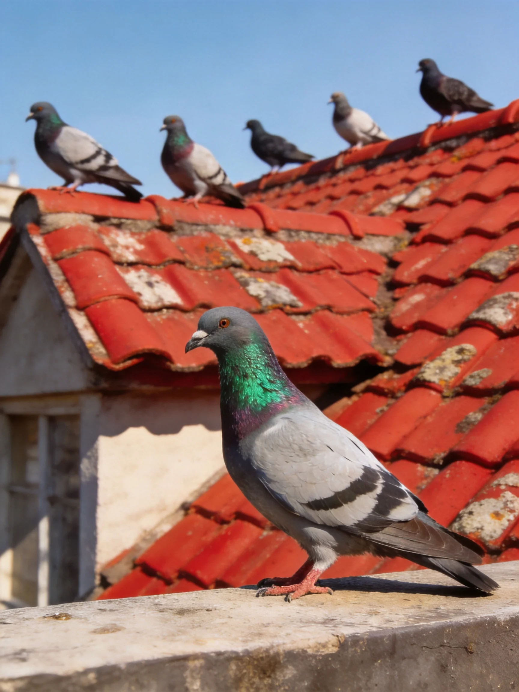 Pigeons gather on aged red tile rooftops, with one standing nearby.