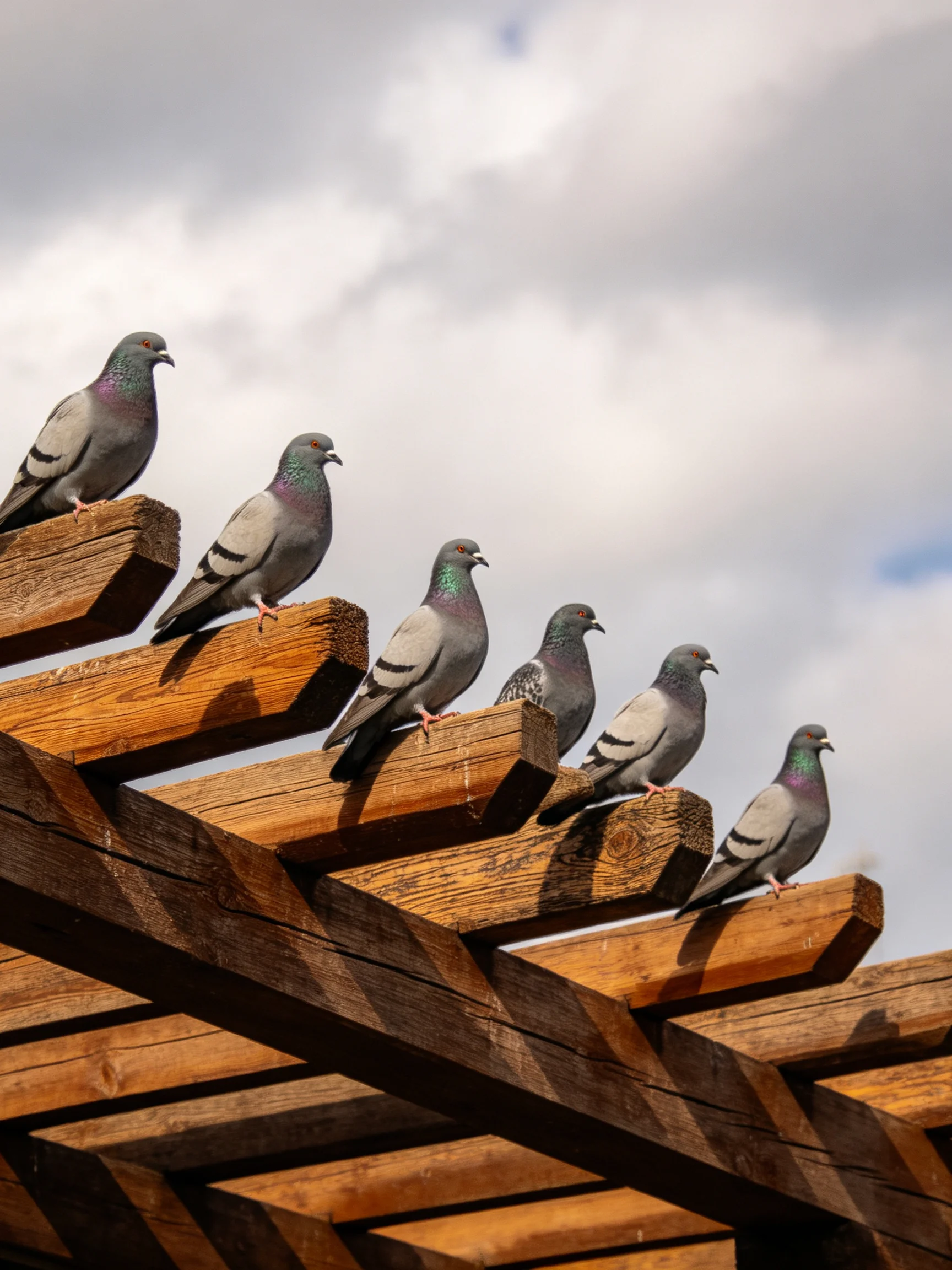 Six pigeons rest on weathered wooden beams beneath a cloudy sky