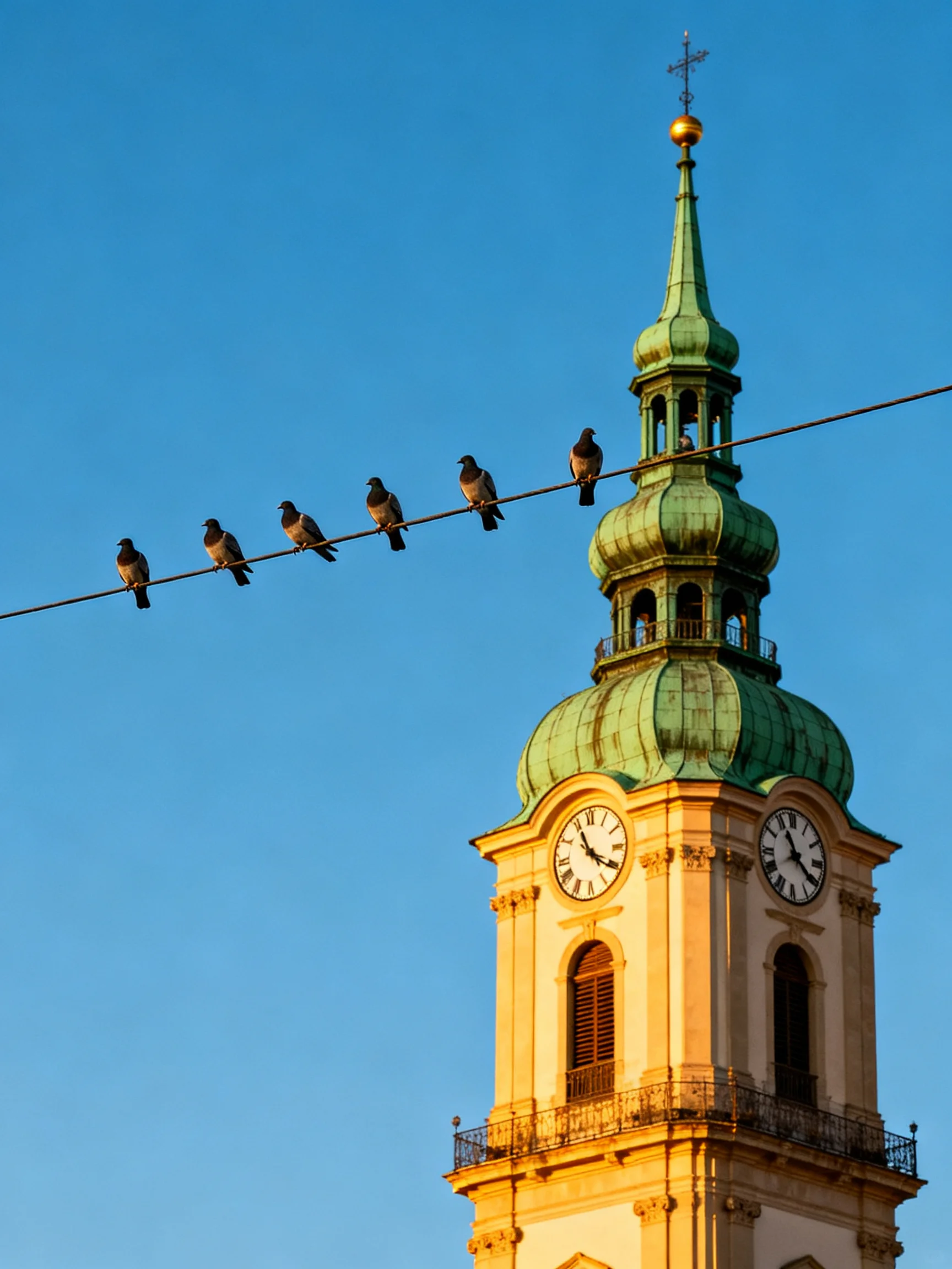 Six pigeons sit on a wire near a green-domed clock tower with clocks