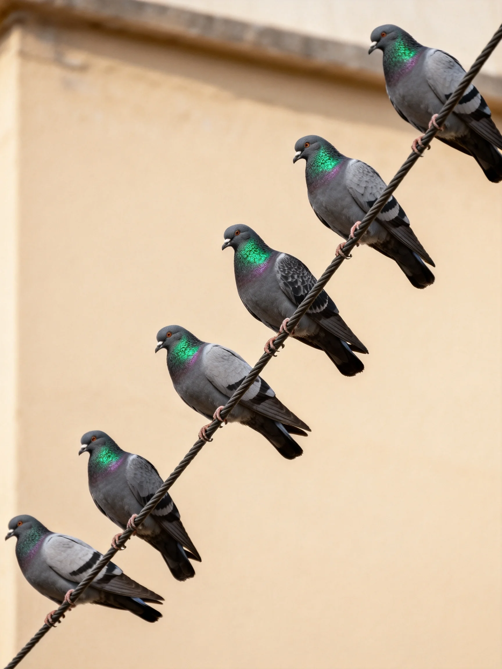 Six pigeons rest on a wire near a plain beige wall