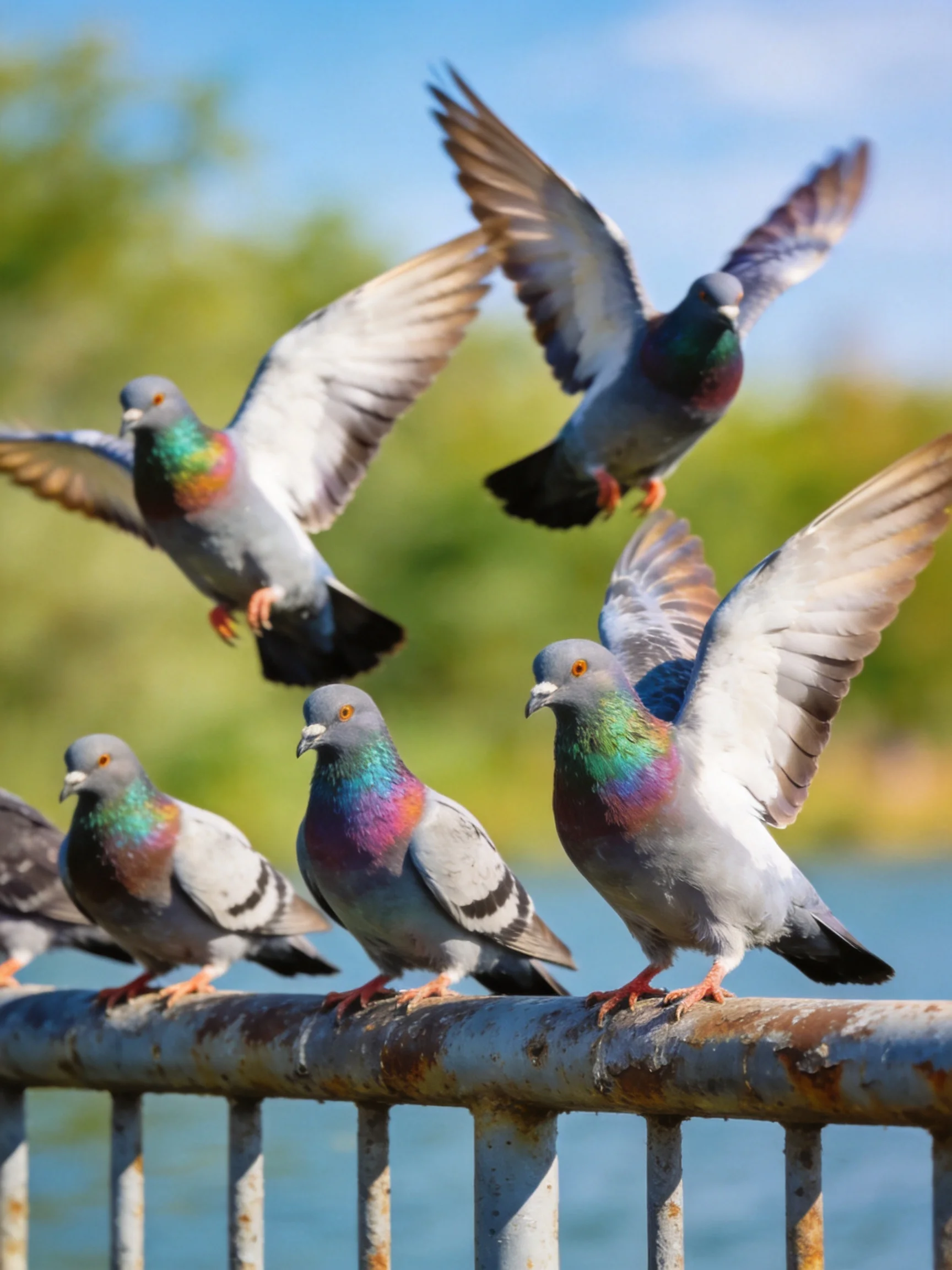 Six pigeons with iridescent necks gather near a metal railing by water