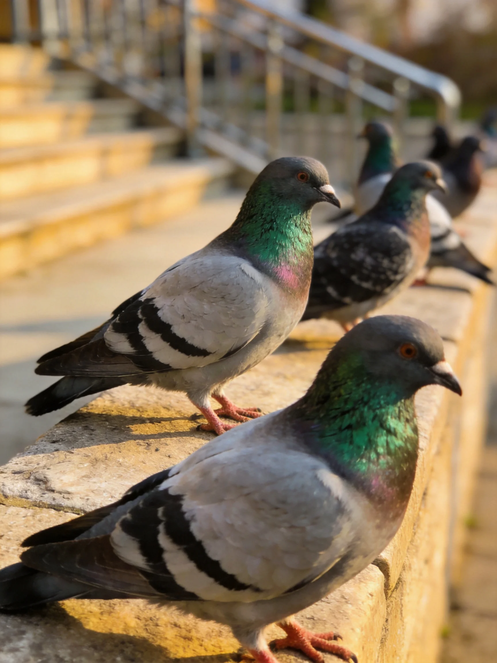 Iridescent - necked pigeons gather on a stone ledge near stairs.