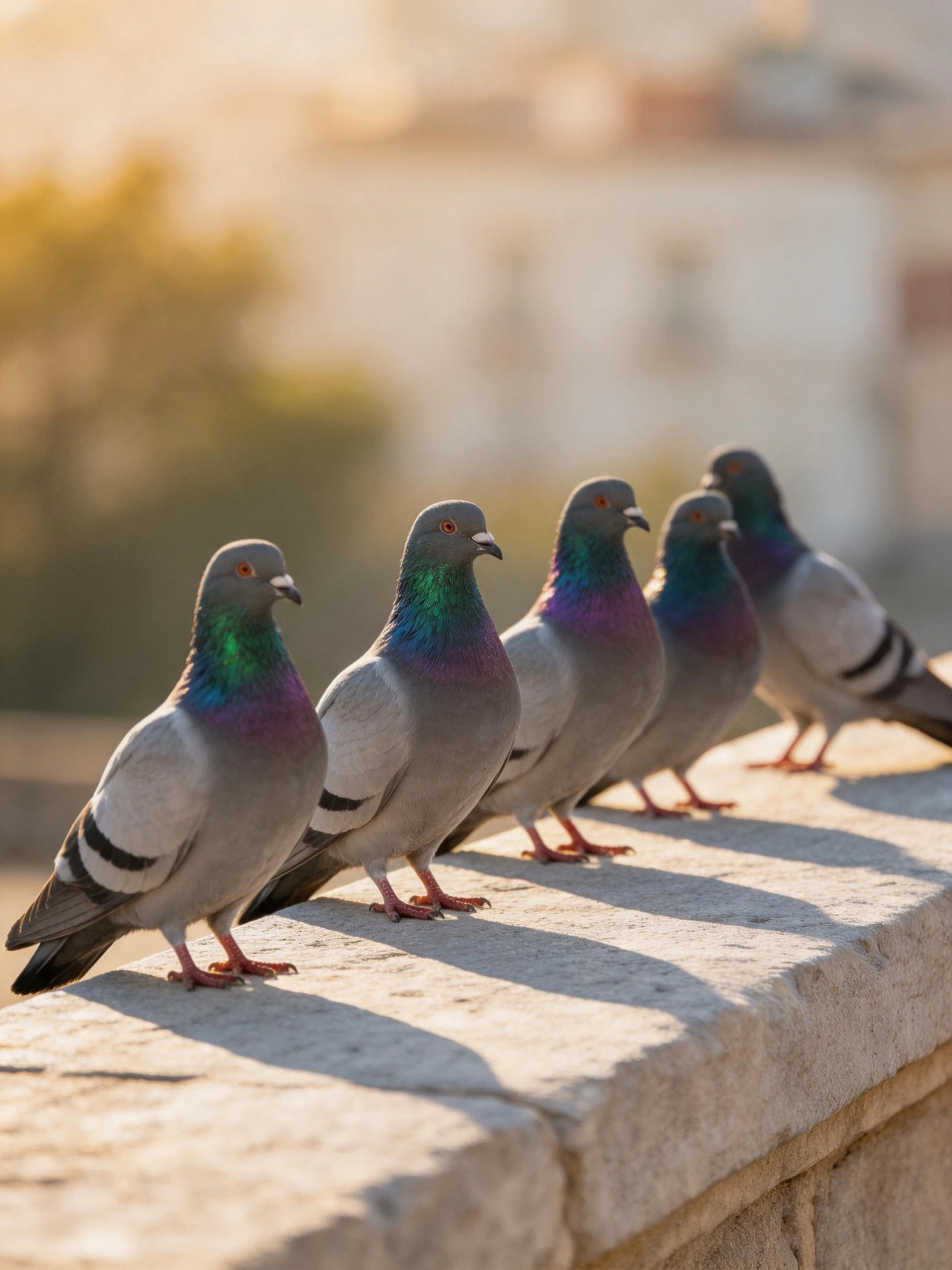 Six pigeons with iridescent necks perch on a stone ledge