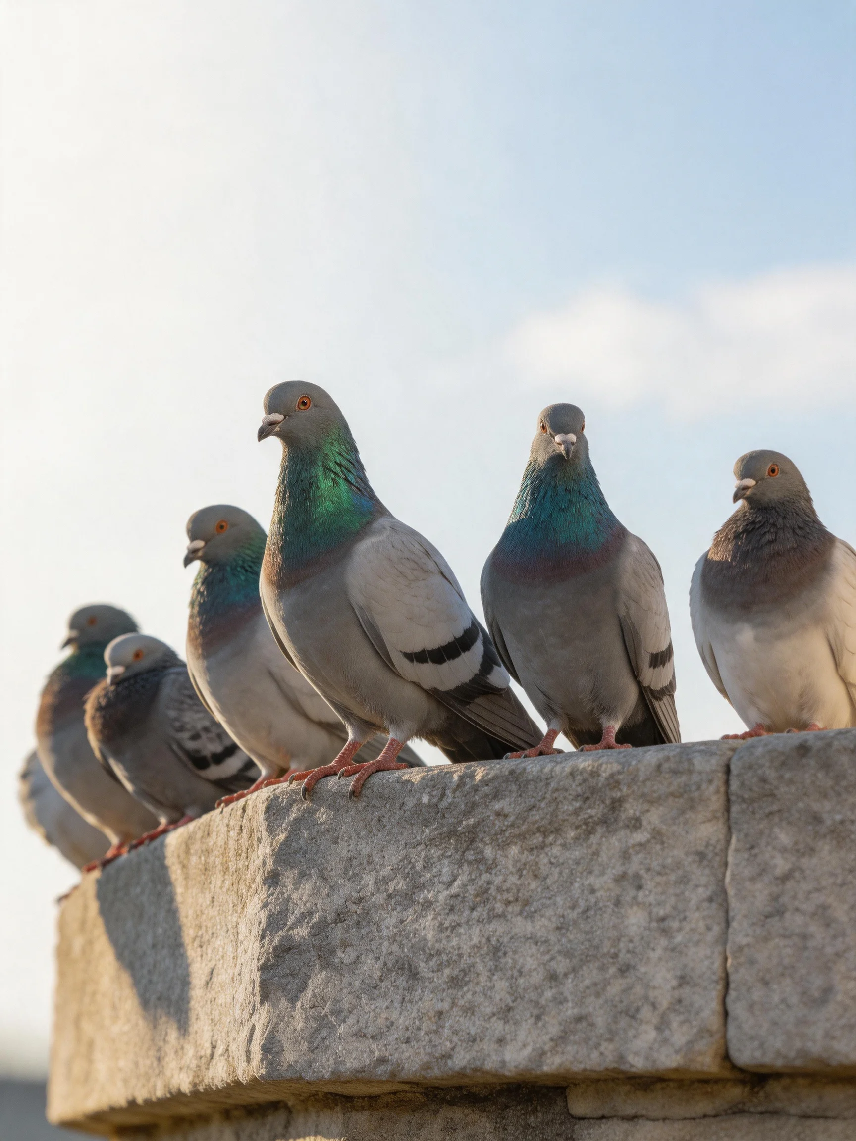 Six pigeons with iridescent necks perch on a weathered stone ledge