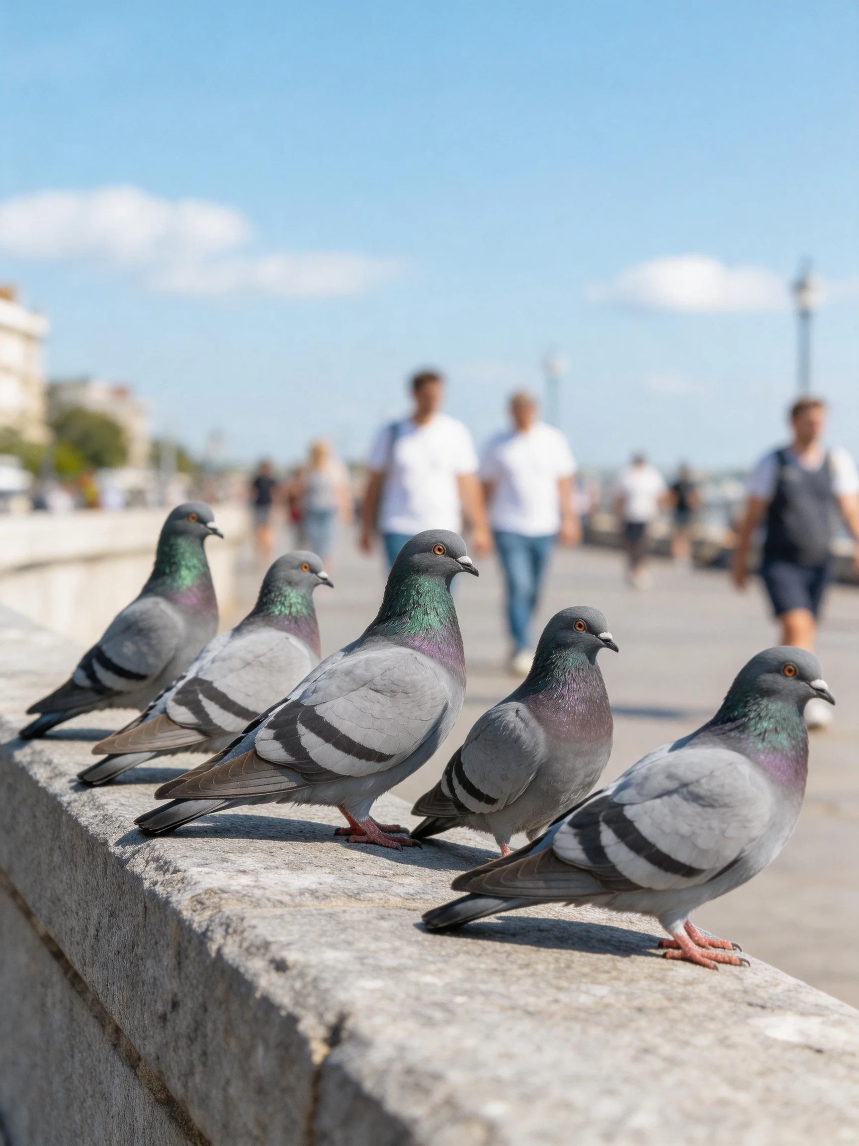 Six pigeons with iridescent plumage rest on a stone ledge near pedestrians