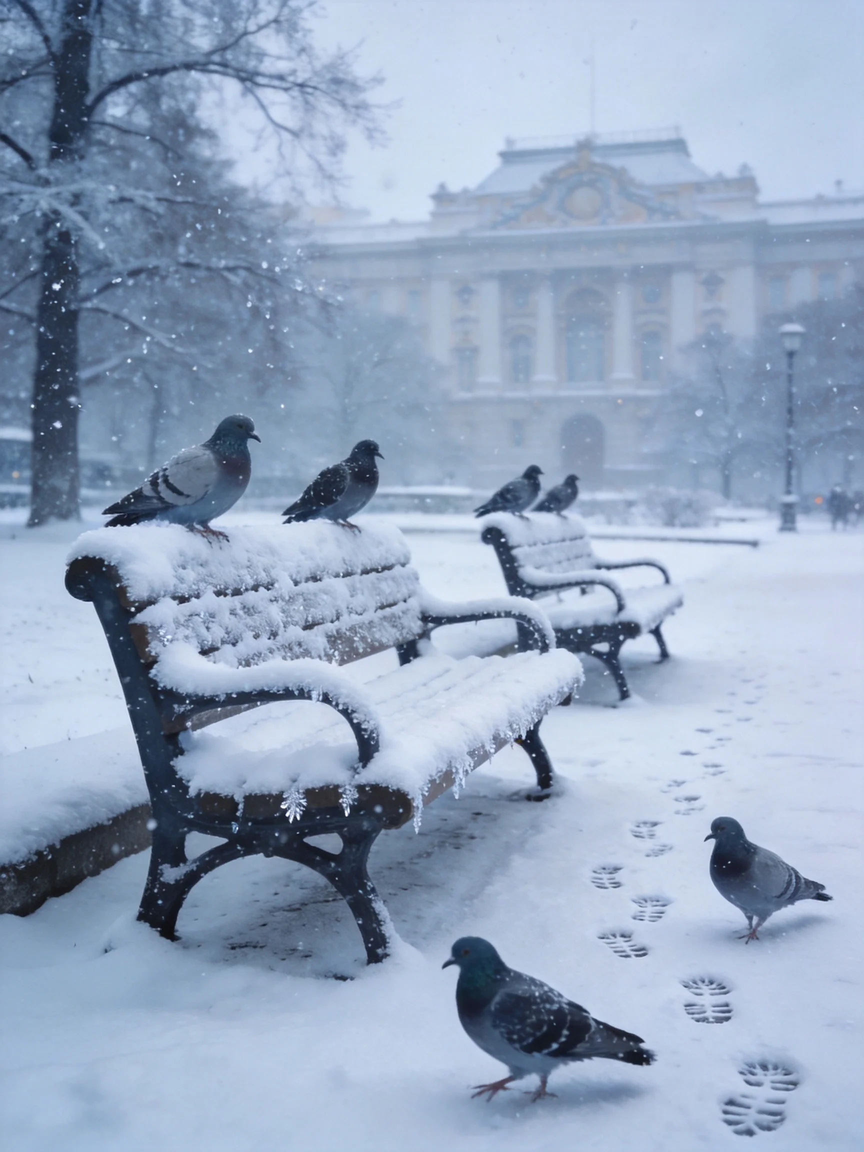 Snow-Covered Benches with Pigeons Near an Ornate Building