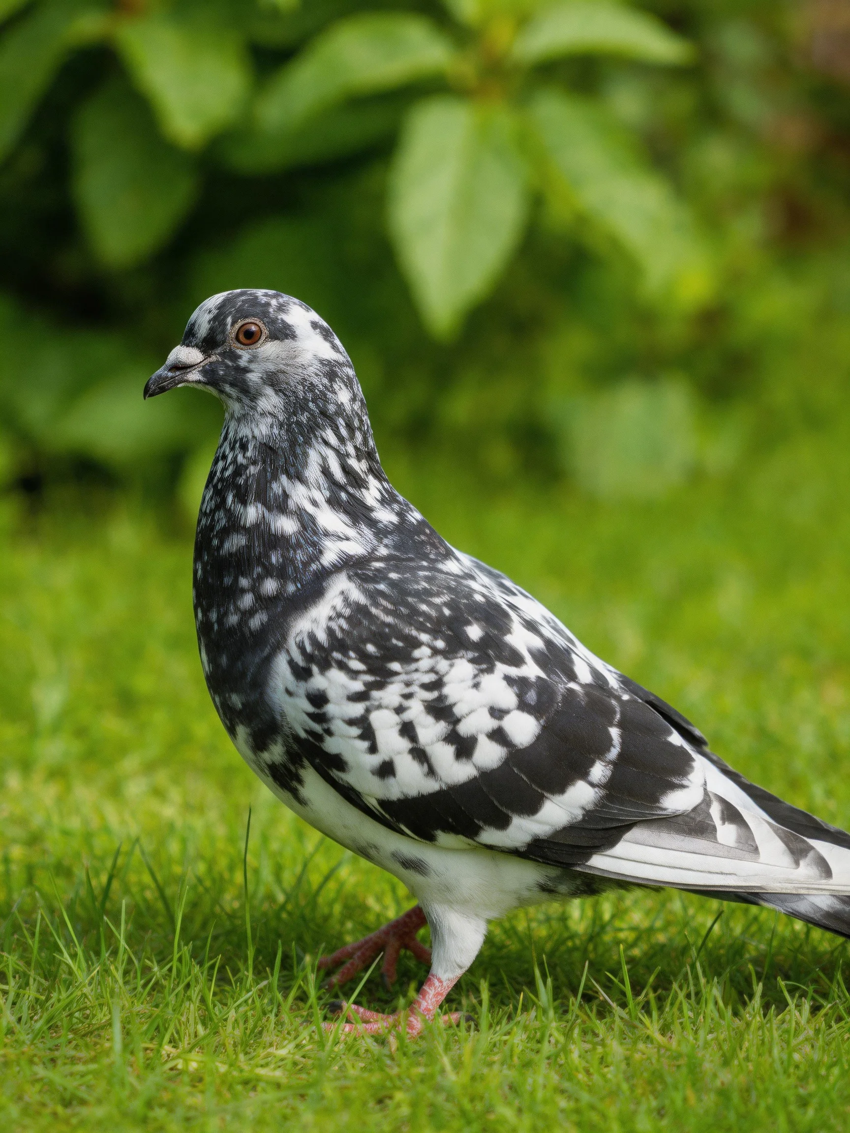 Speckled black-and-white pigeon on lush green grass