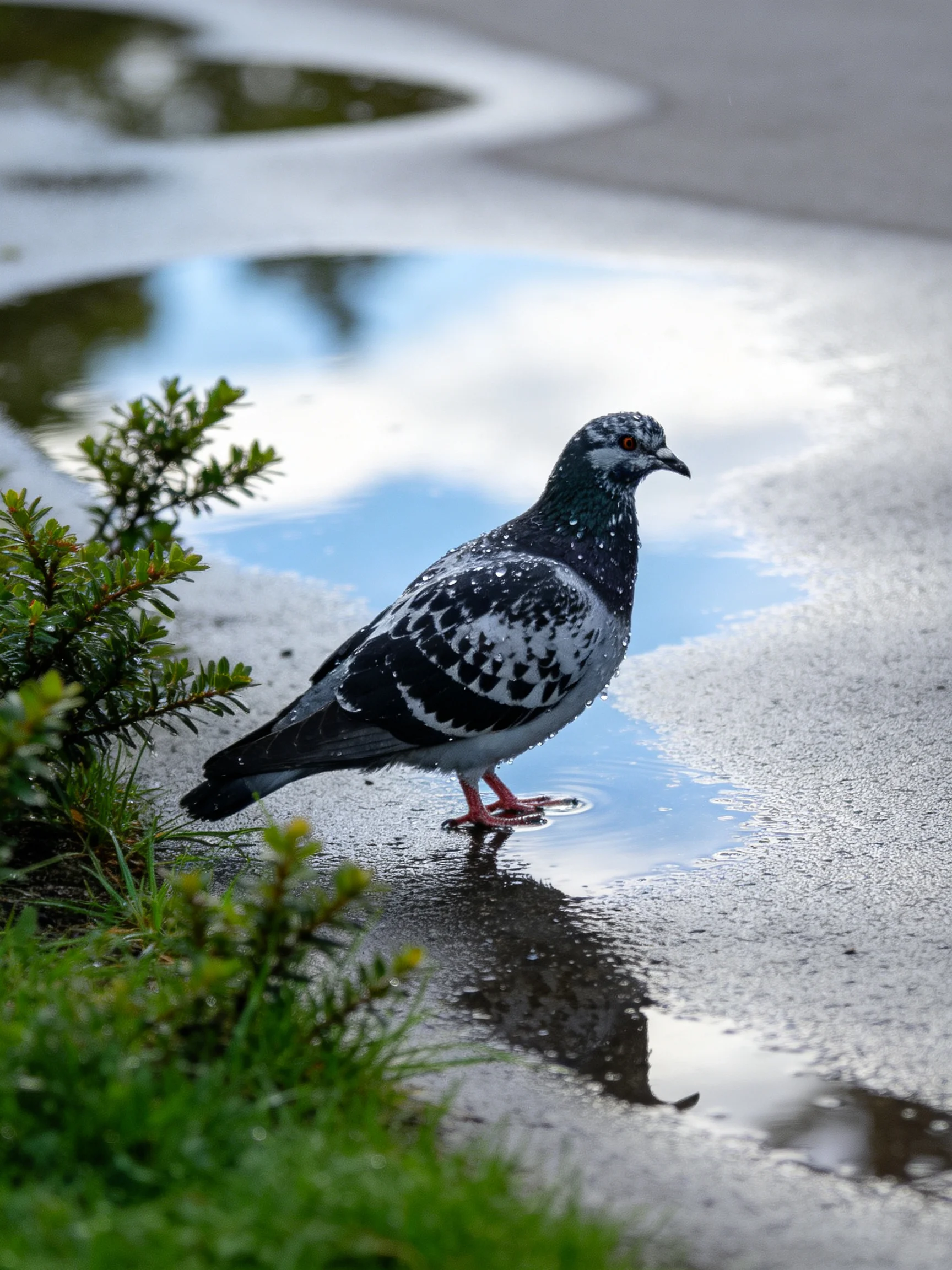 Speckled pigeon near reflective water puddle by green shrubs