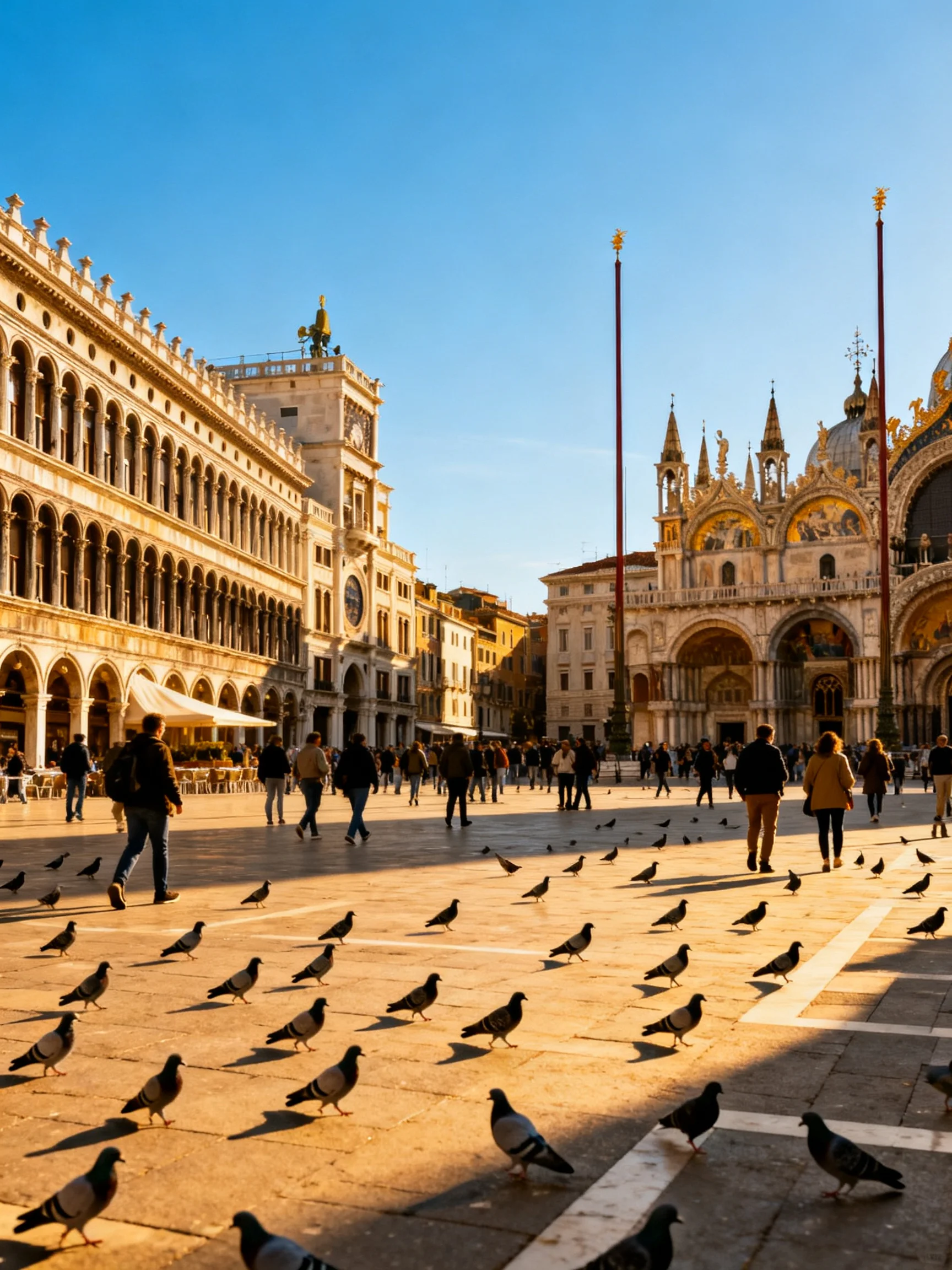 St Marks Square in Venice with Historic Buildings and Pigeons Under Sunny Skies