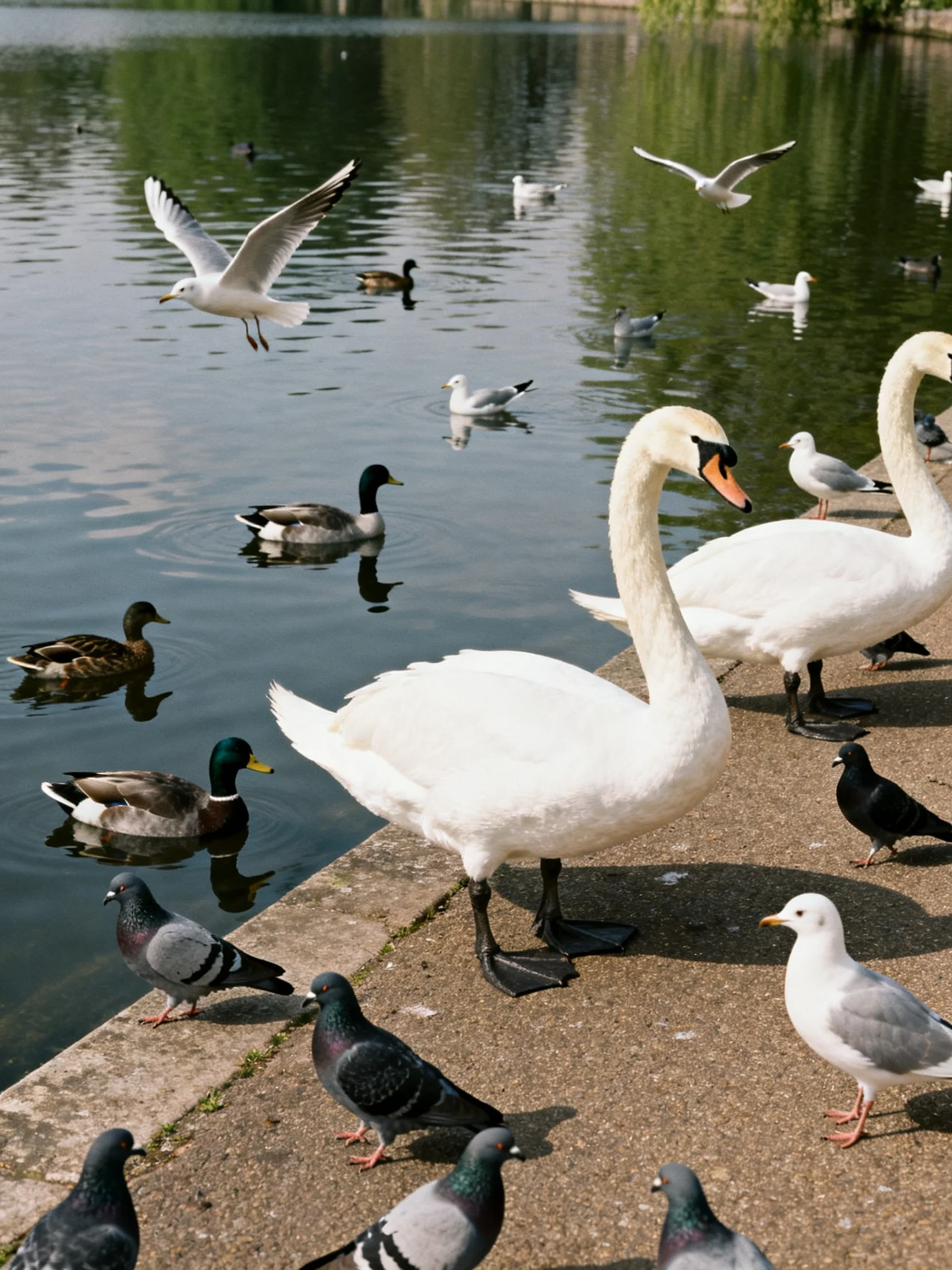 Swans, ducks, and seagulls gather by a calm pond