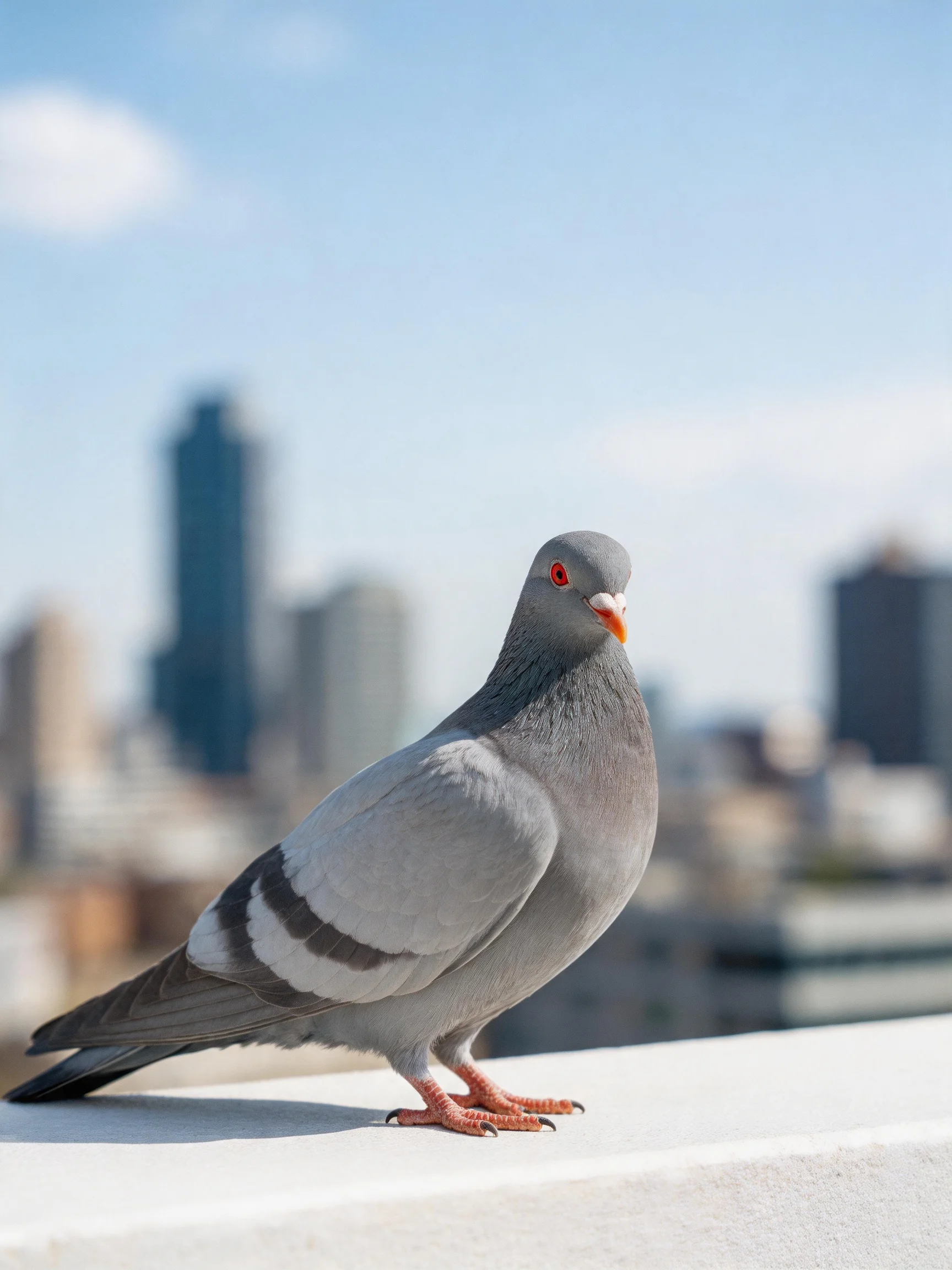 T: Gray pigeon with red eyes perched on a white ledge by a blurred cityscape