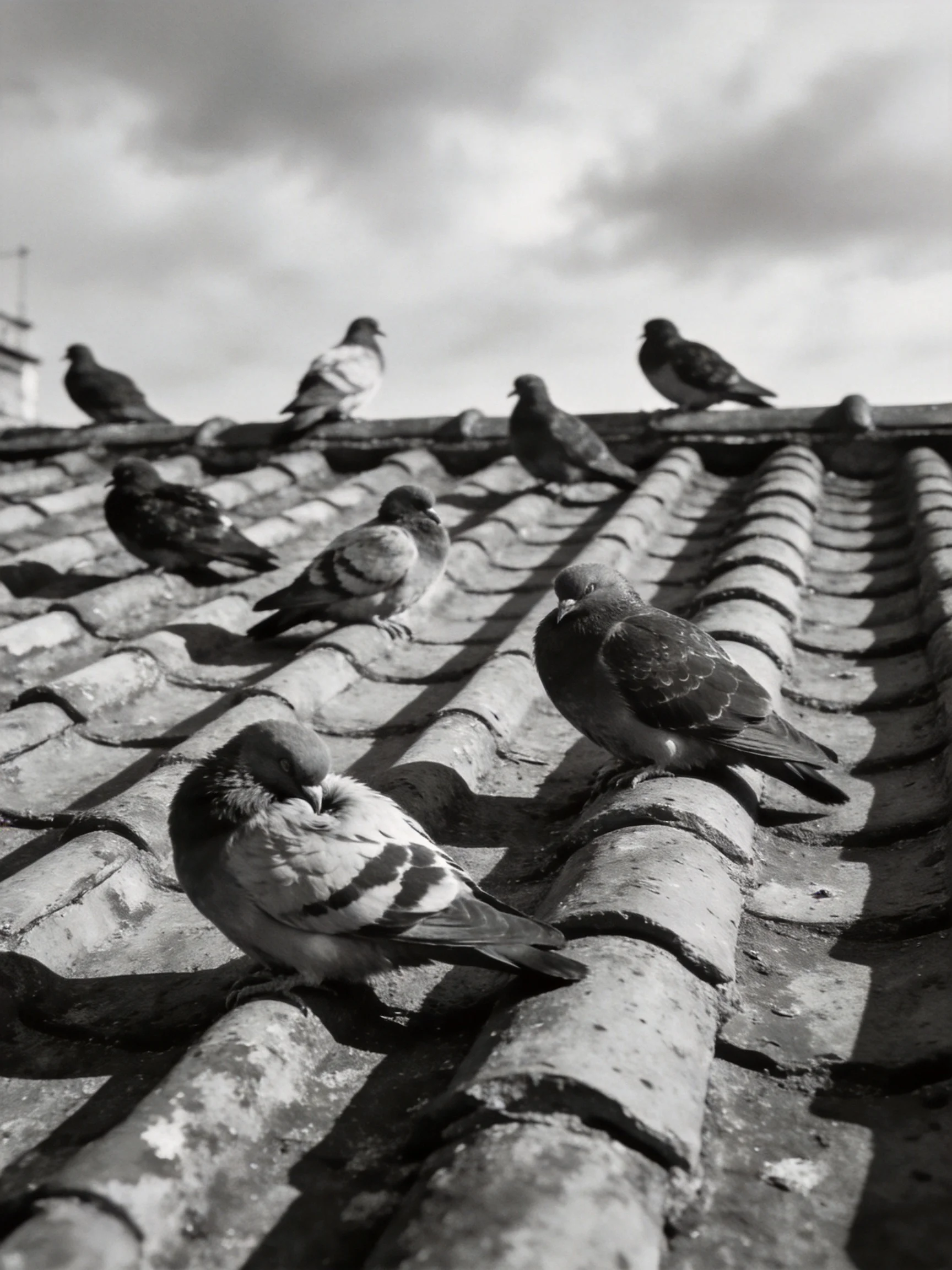 Ten Pigeons Resting on a Textured Tile Roof Under Cloudy Skies