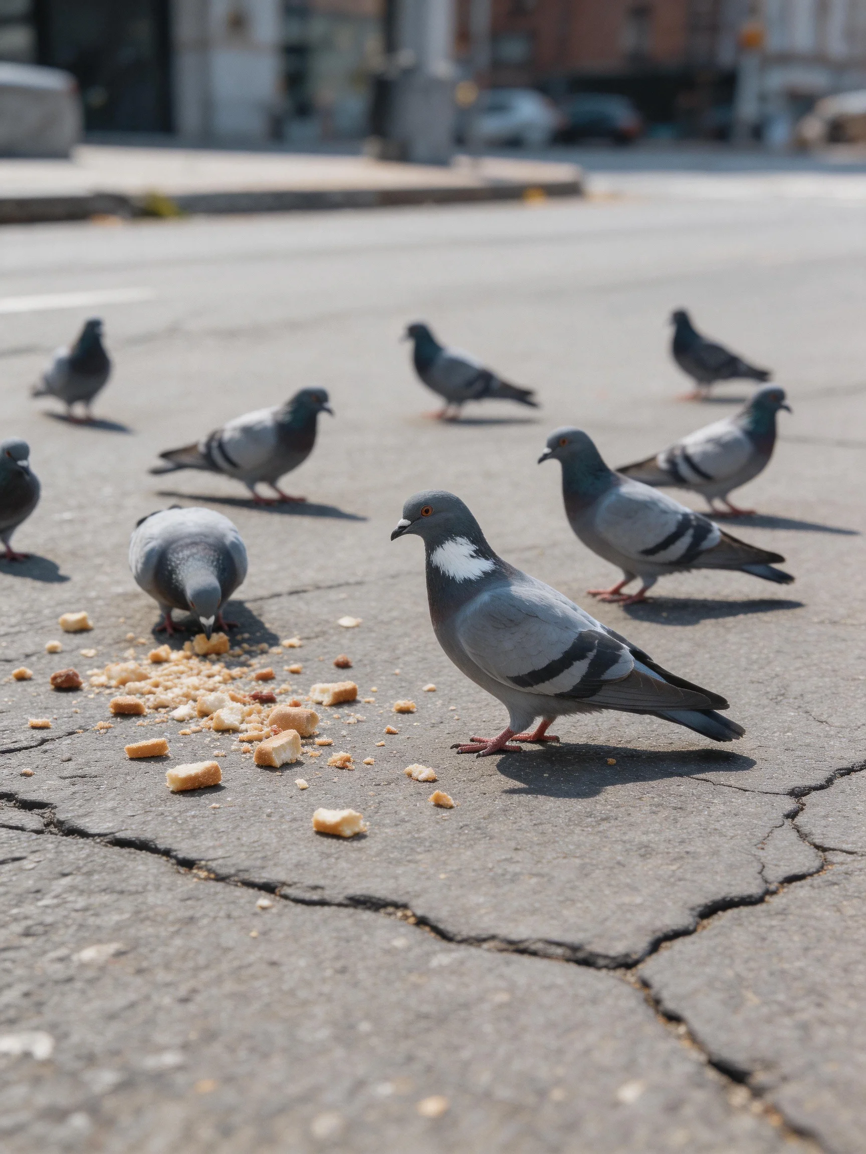Ten gray pigeons feed on scattered bread crumbs on a cracked street