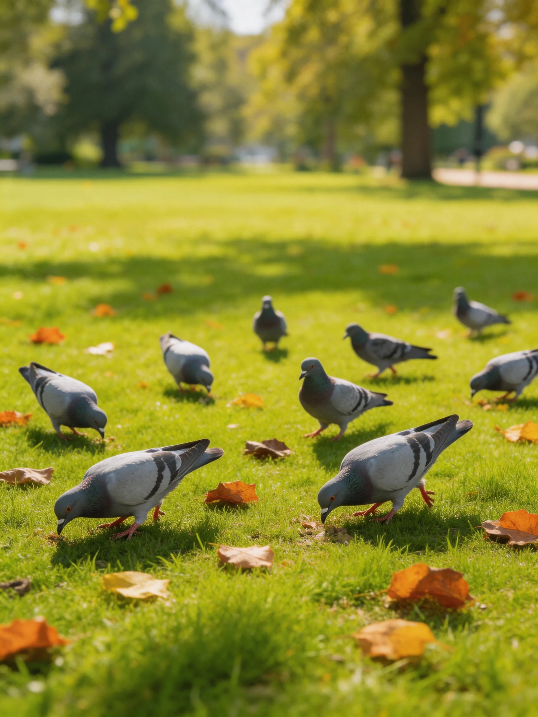 Ten pigeons foraging on vibrant green grass with autumn leaves