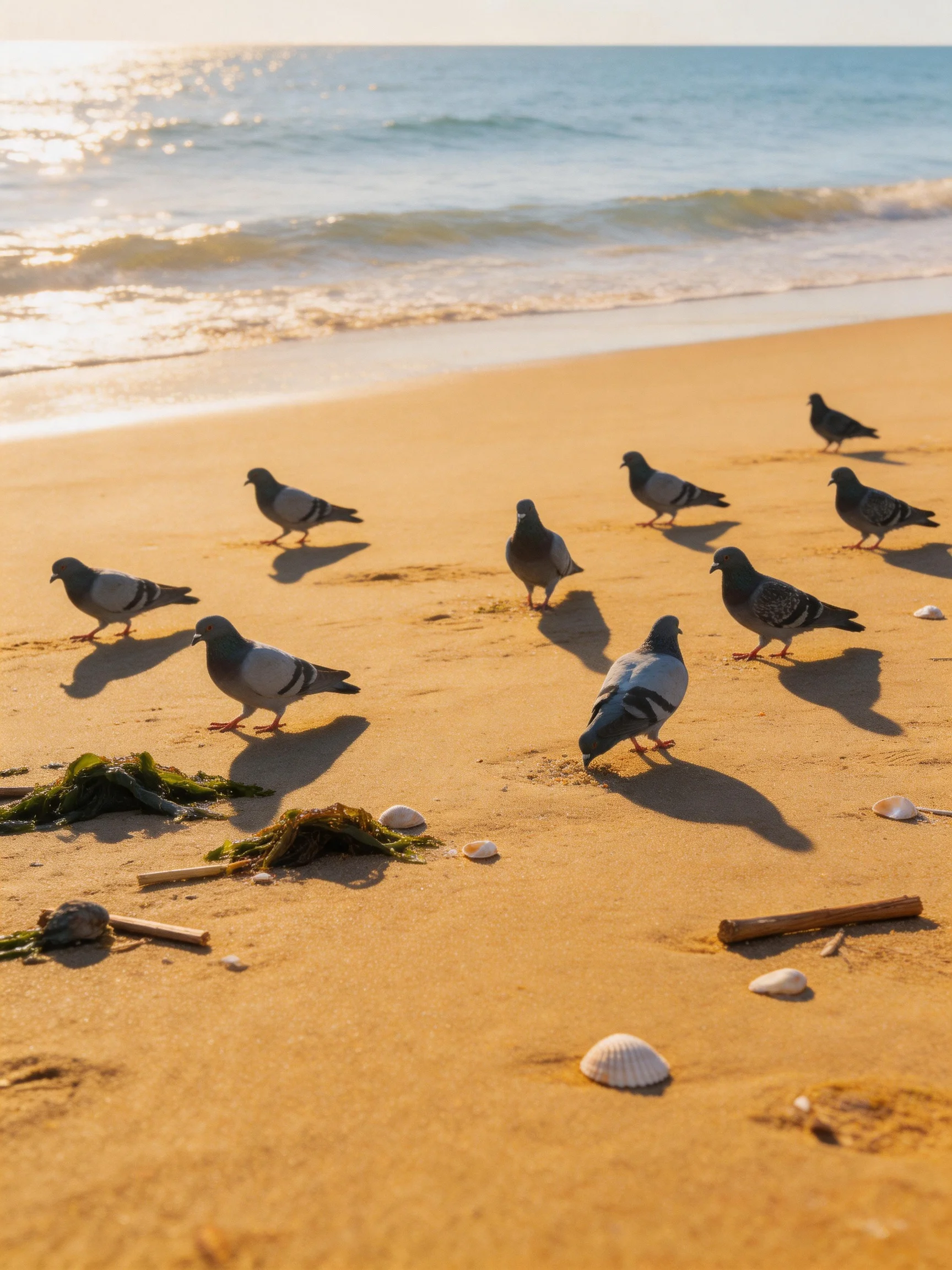 Ten pigeons on a sandy beach by the blue sea