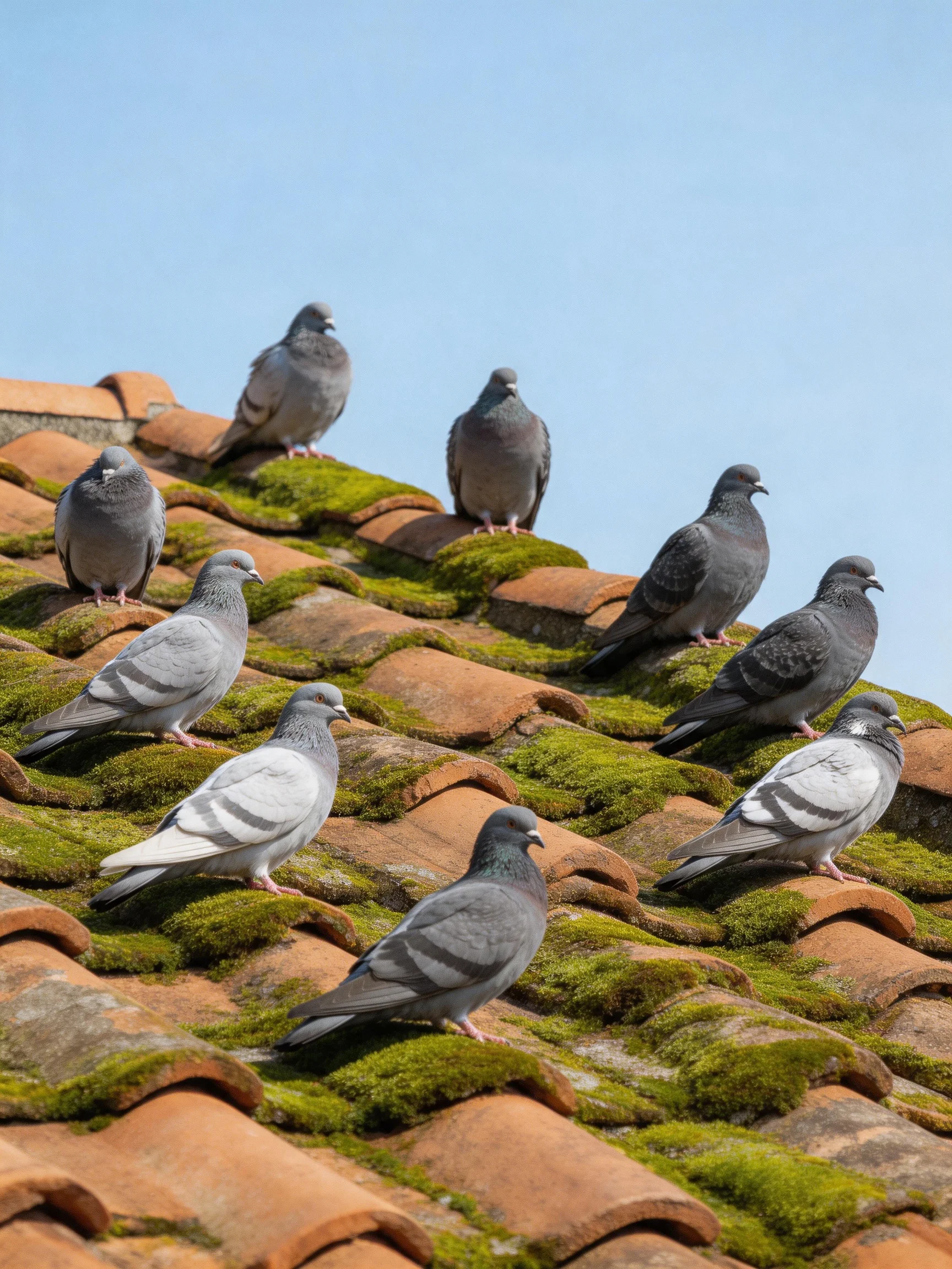Ten pigeons rest on a moss-covered terracotta-tiled roof