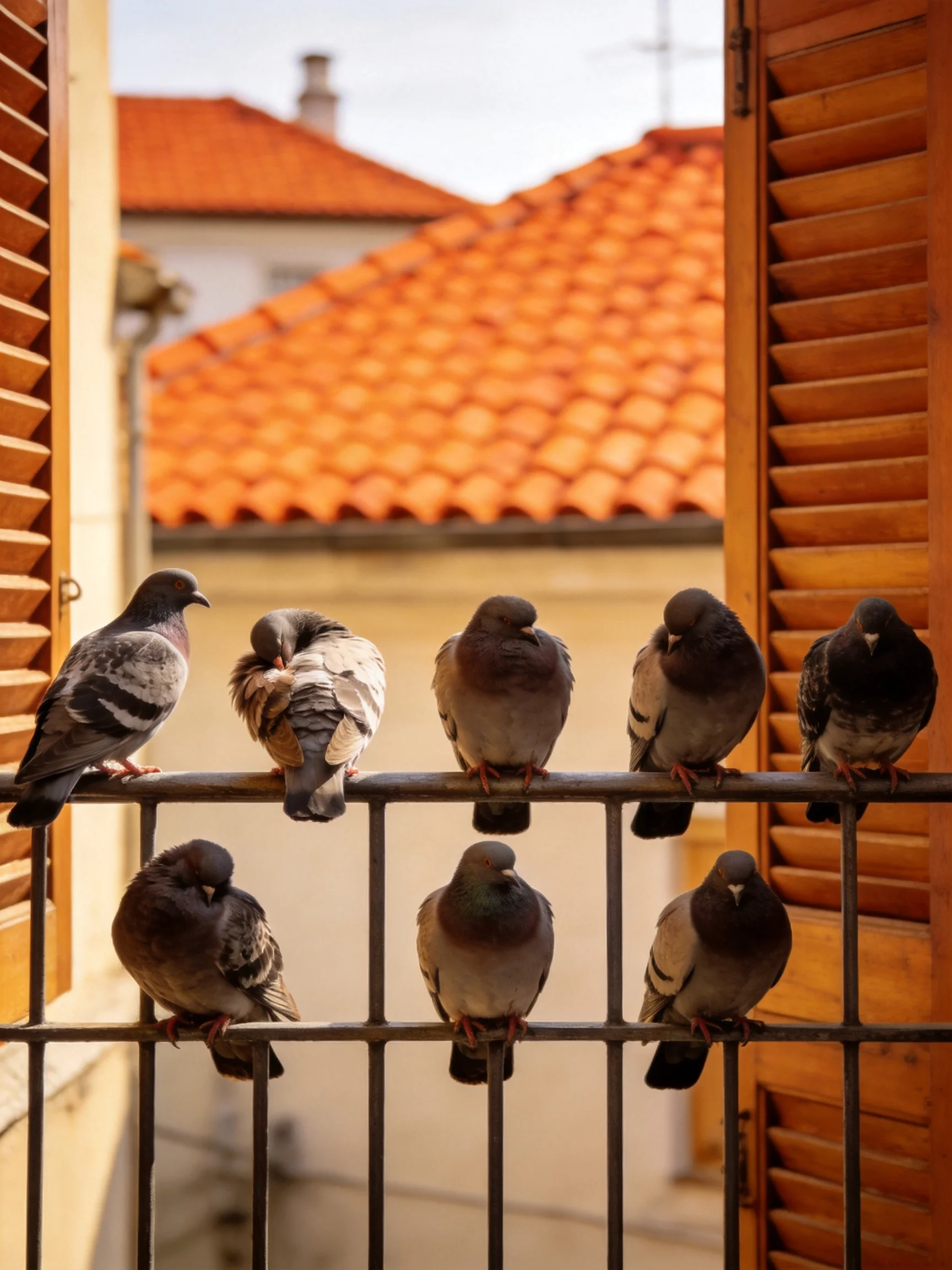 Ten pigeons sit on a balcony railing near terracotta rooftops