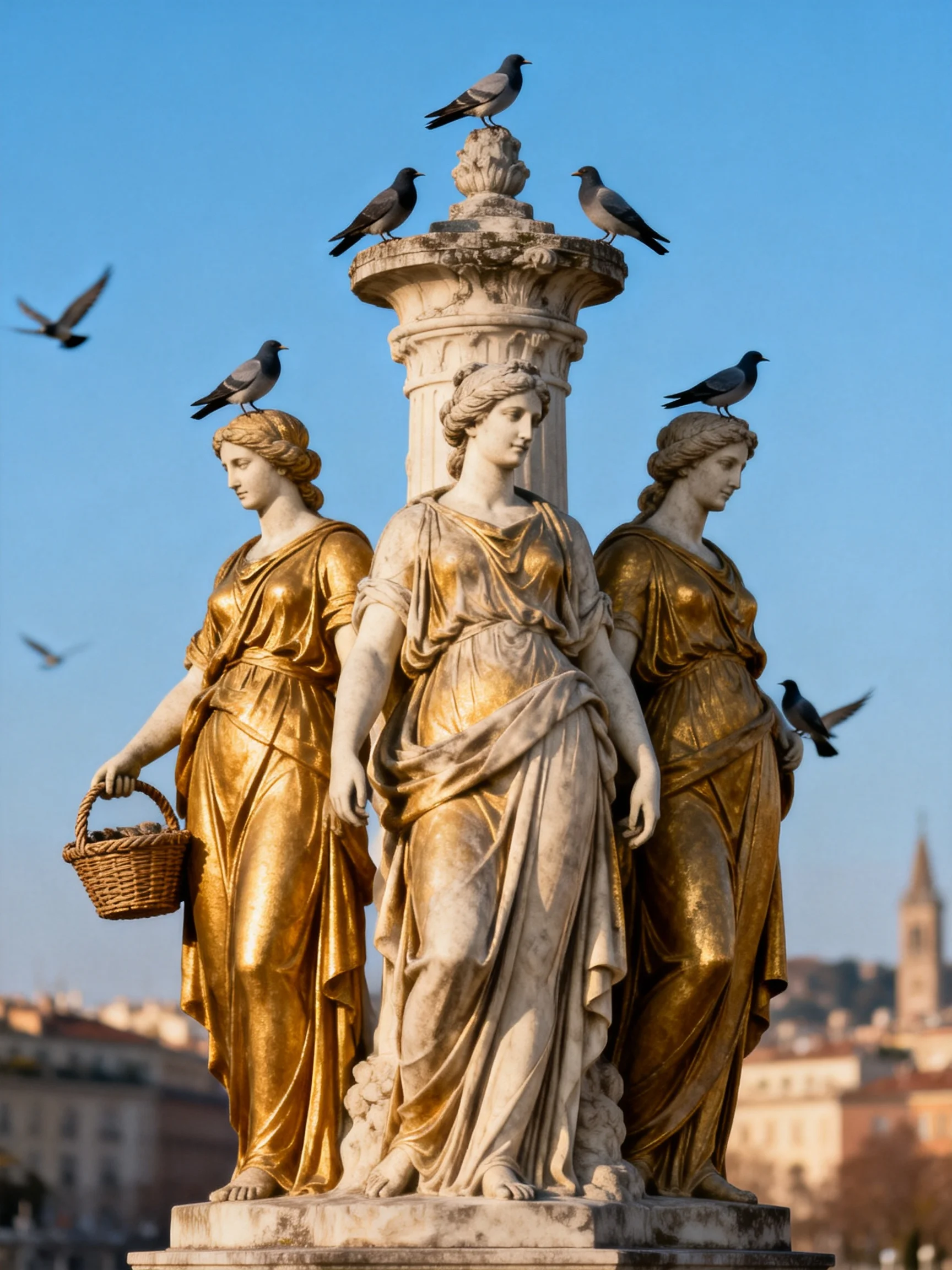 Three golden statue figures with birds atop an ornate stone column