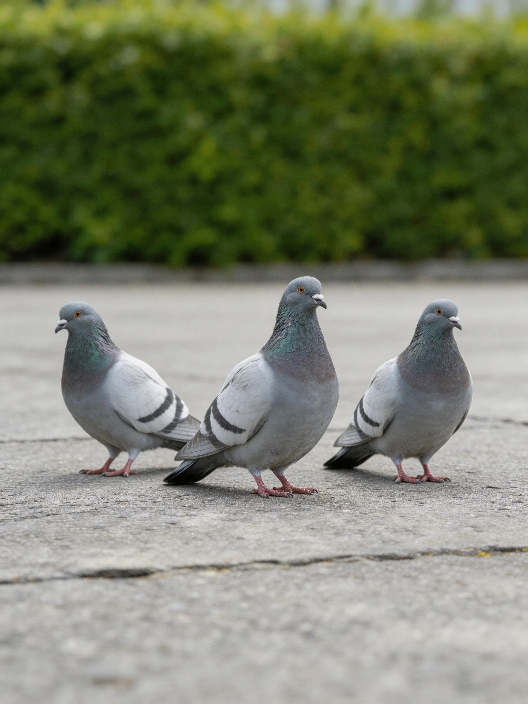 Three gray-and-white pigeons near a lush green hedge