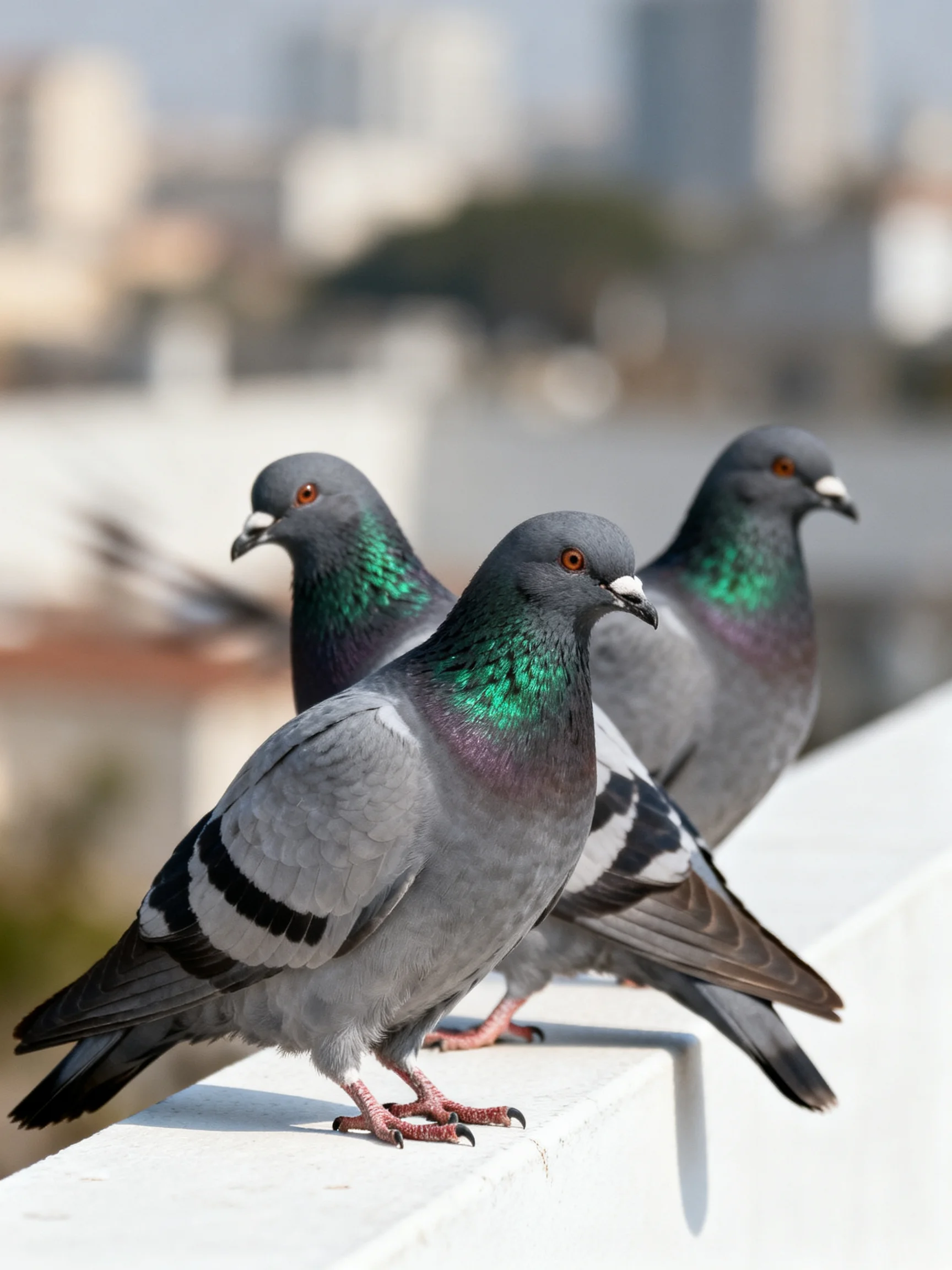 Three gray-green pigeons perch on a white ledge with blurred buildings