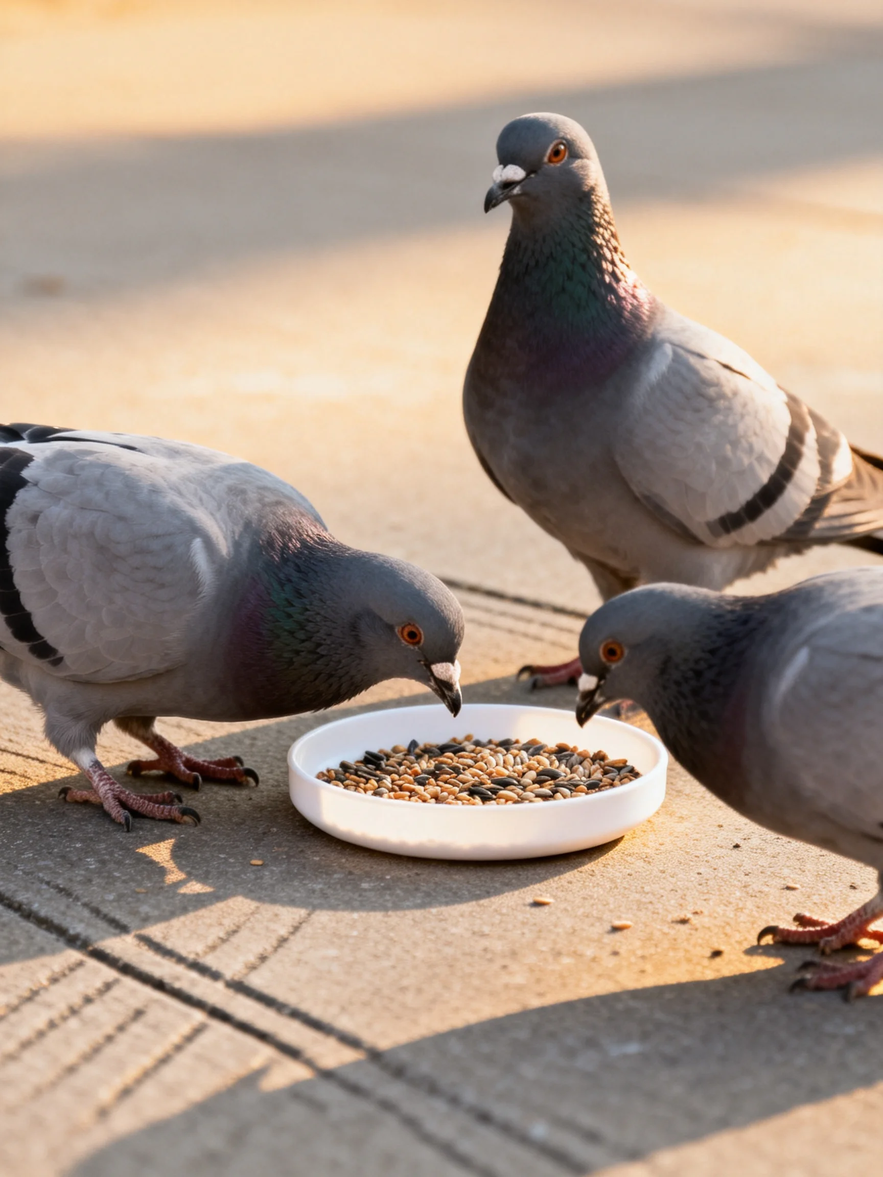Three gray pigeons gather around a white seed dish on pavement