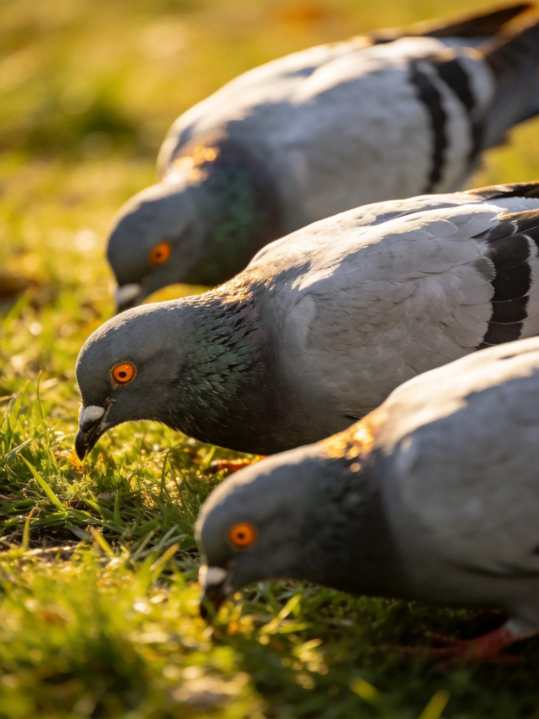 Three gray pigeons peck at grass in a sunlit outdoor setting.