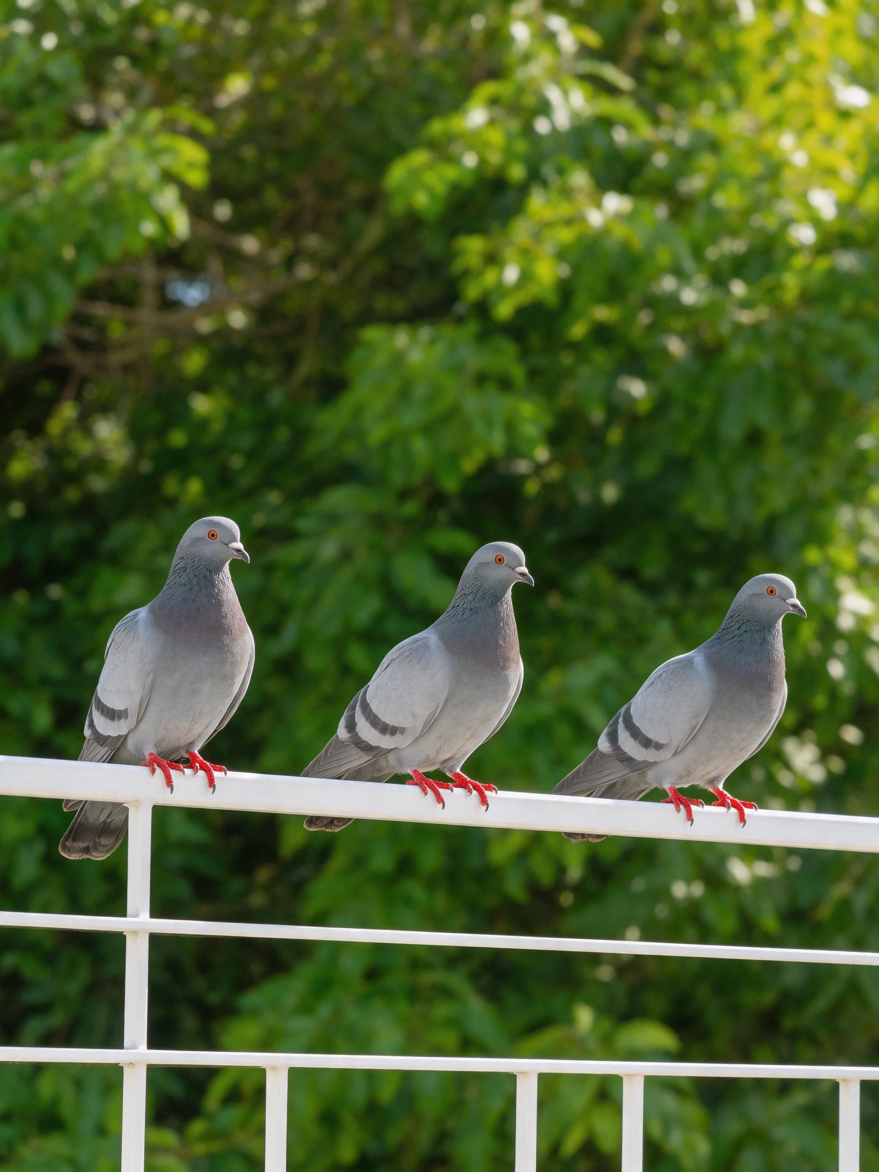 Three gray pigeons perch on a white railing with dense green trees