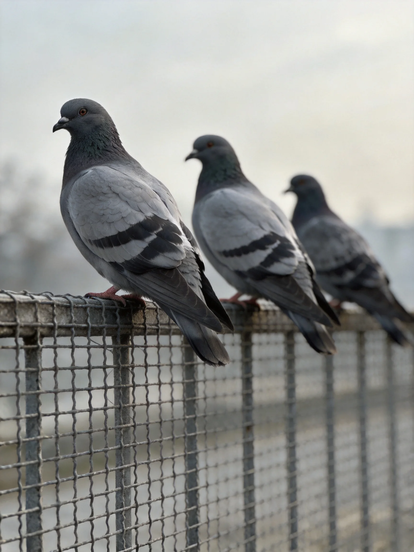 Three gray pigeons perched on a metal mesh fence