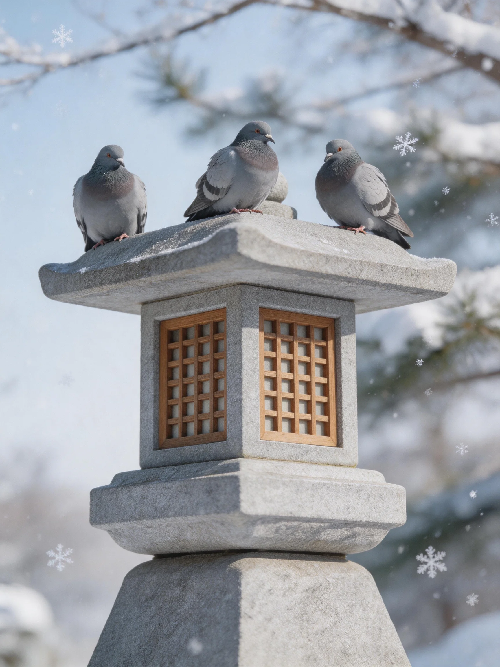 Three gray pigeons rest atop a stone lantern in a snowy landscape.