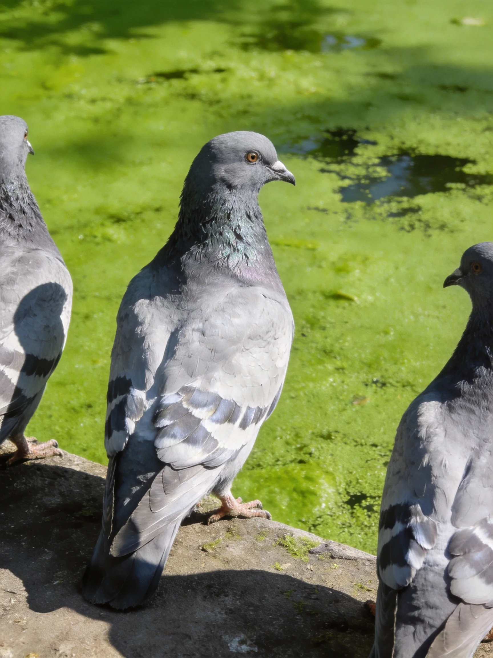Three gray pigeons rest near a green algae-filled pond.
