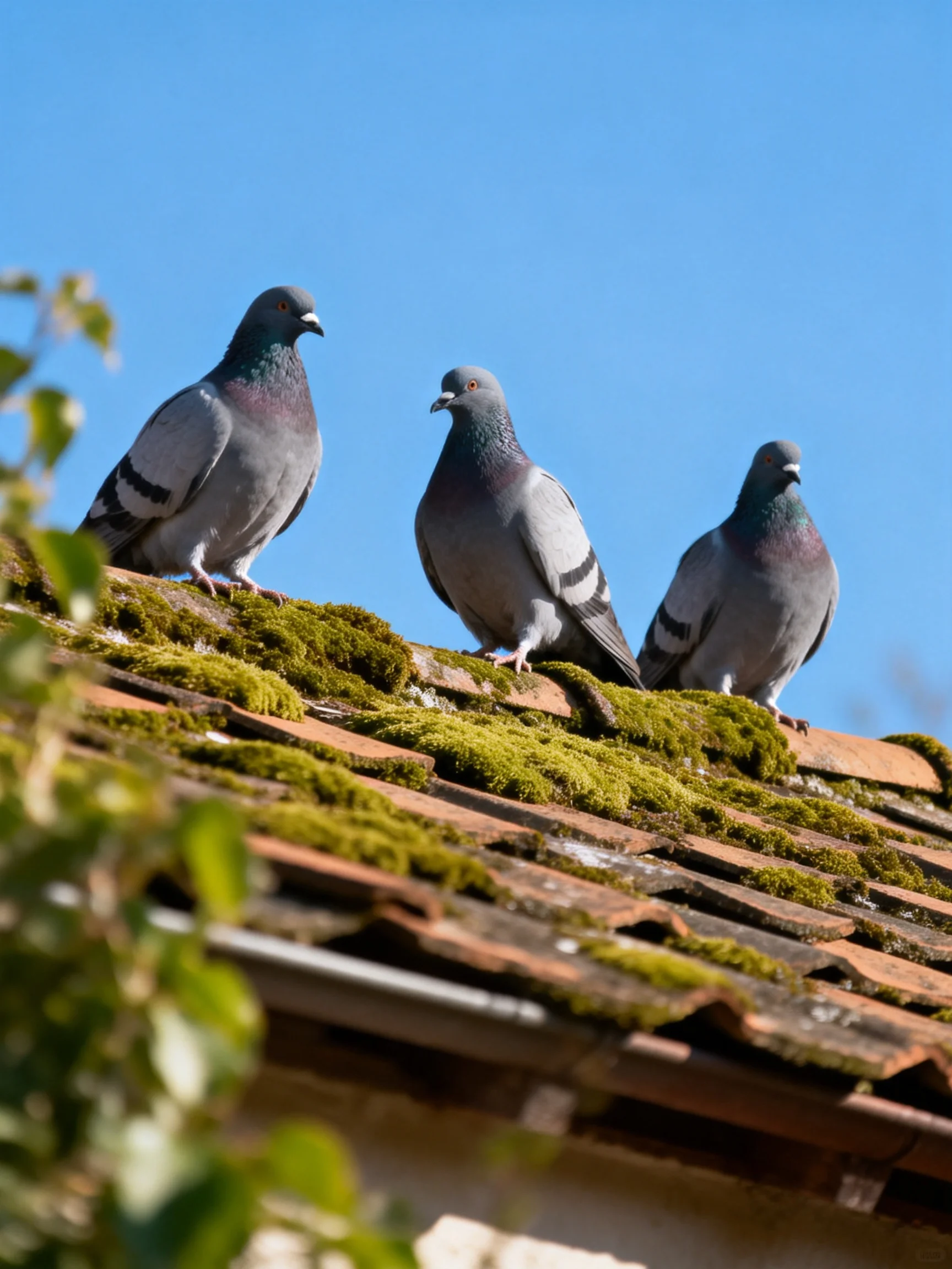 Three gray pigeons rest on a moss-covered tiled roof under a clear blue sky.