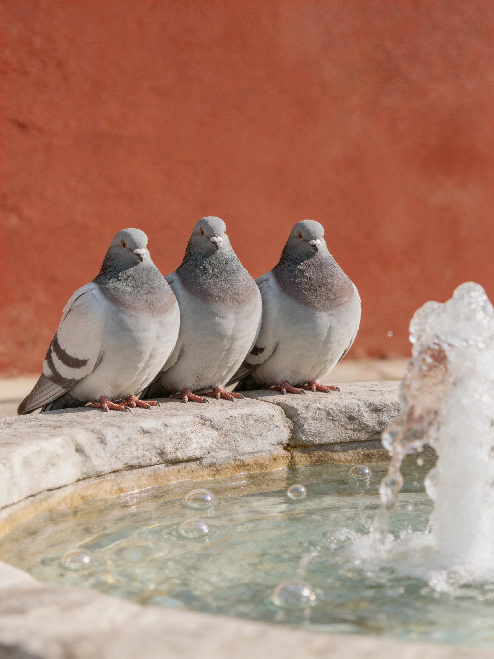 Three gray pigeons sit beside a fountain with a terracotta wall