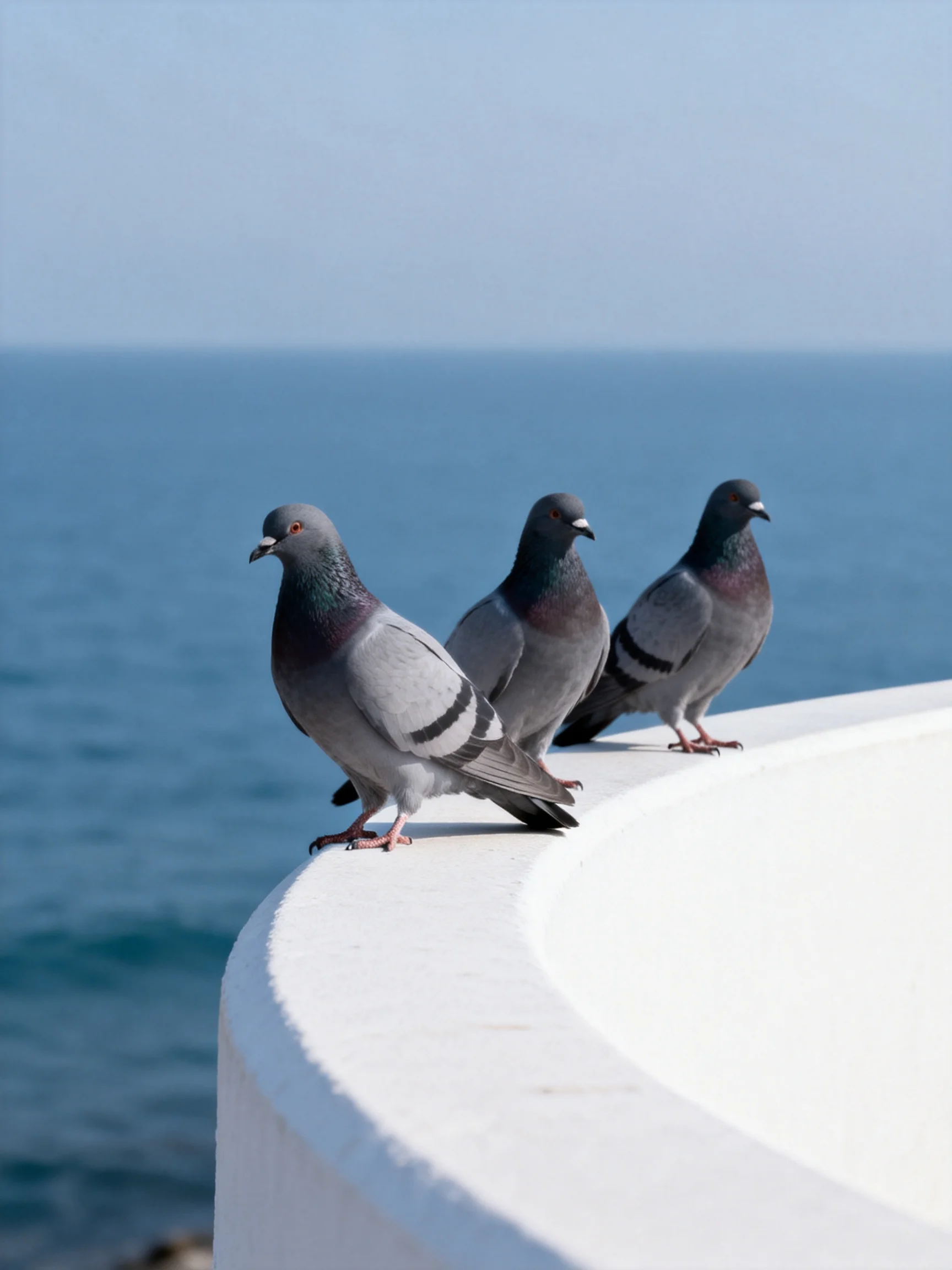 Three gray pigeons rest on a white ledge near the blue sea.
