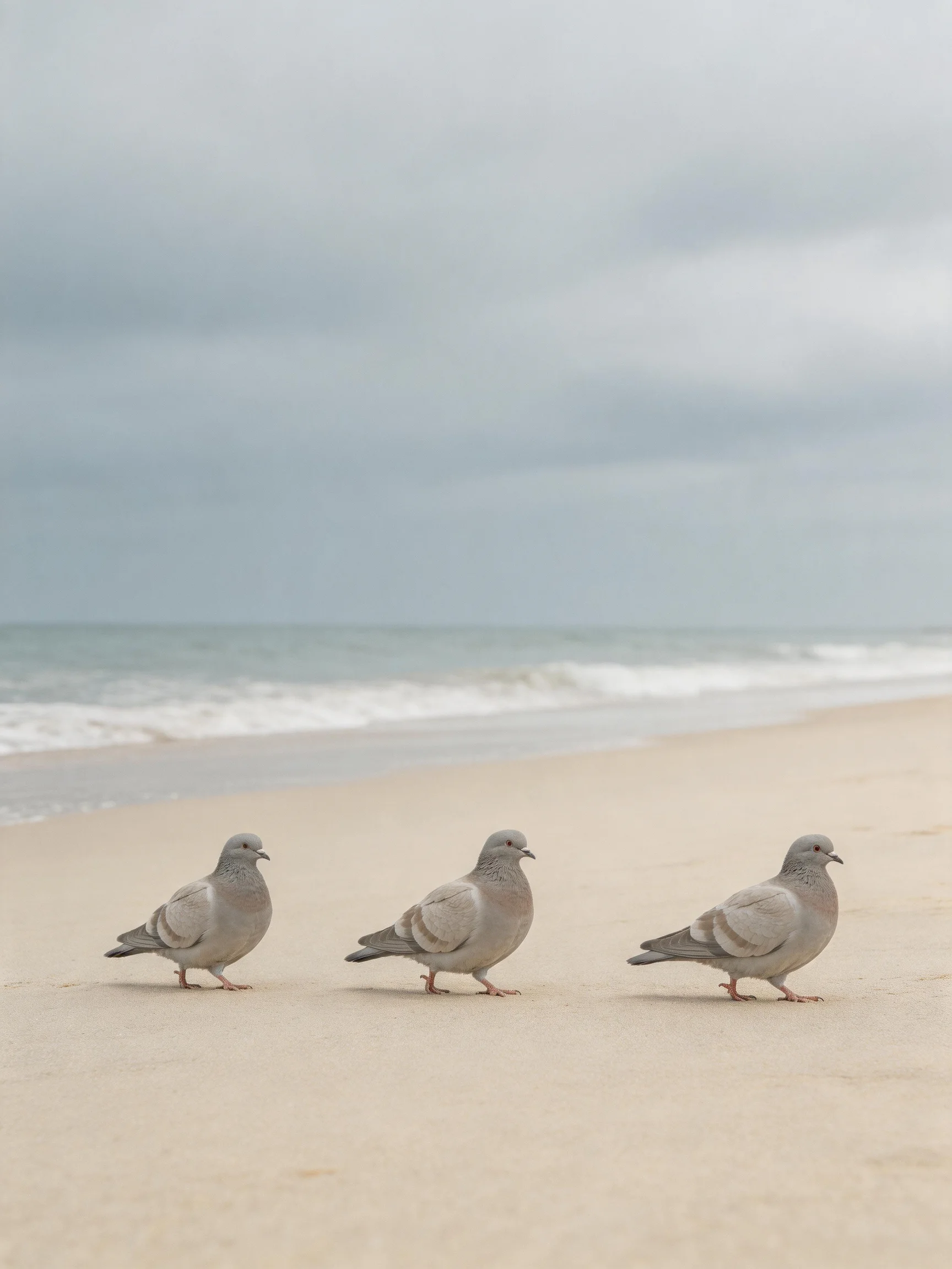 Three gray pigeons stroll along a sandy beach near the ocean.