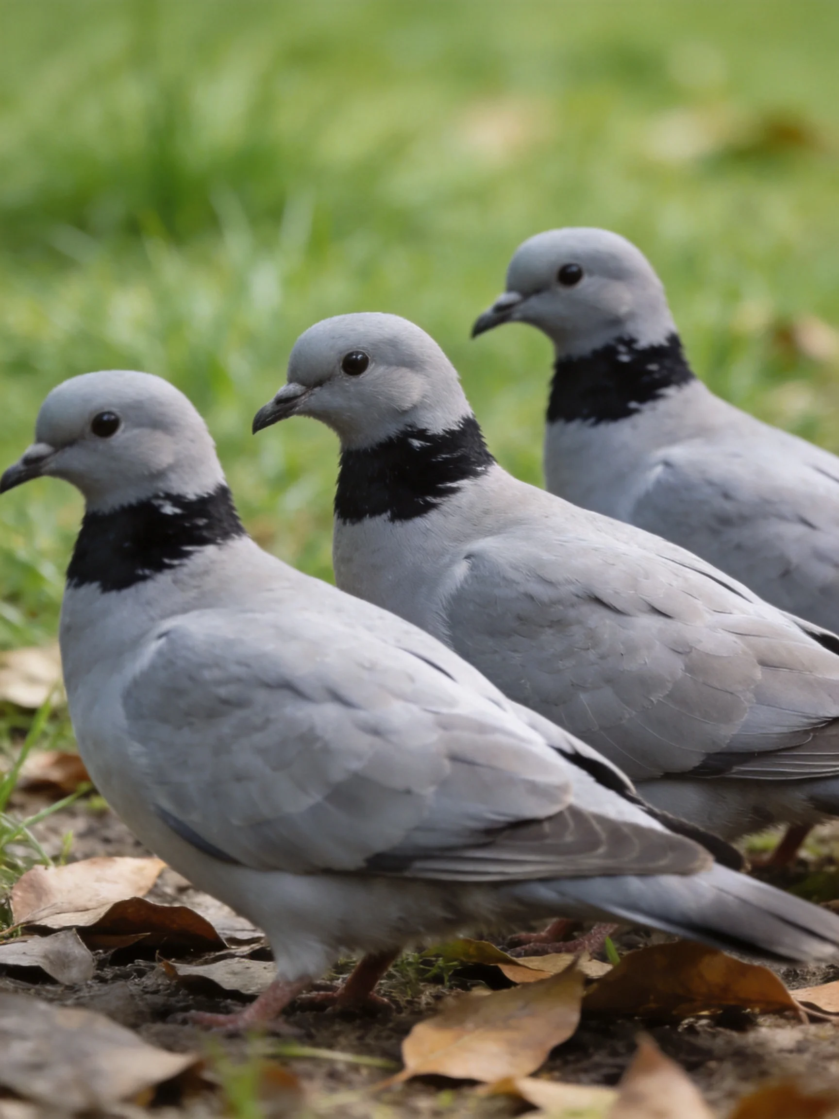 Three gray pigeons with black necks gather on a leaf-covered area.