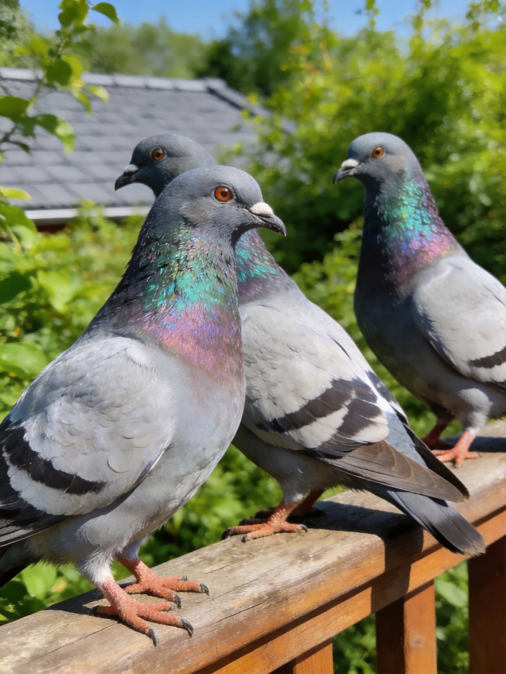 Three gray pigeons with colorful neck feathers rest on an outdoor wooden railing.