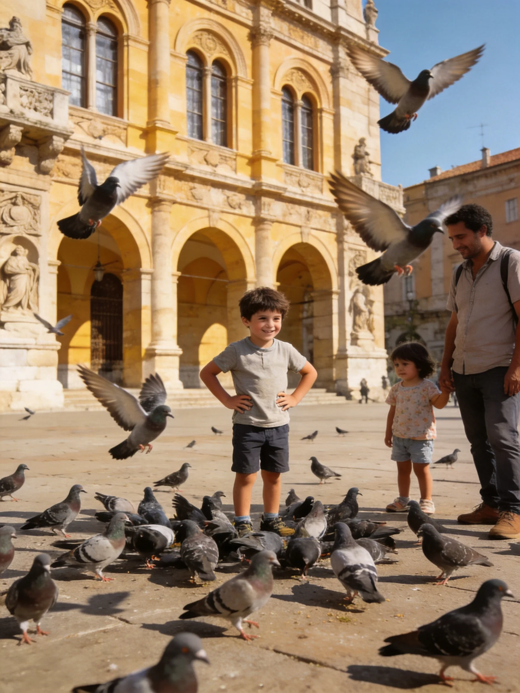 Three people with many pigeons near an ornate yellow building