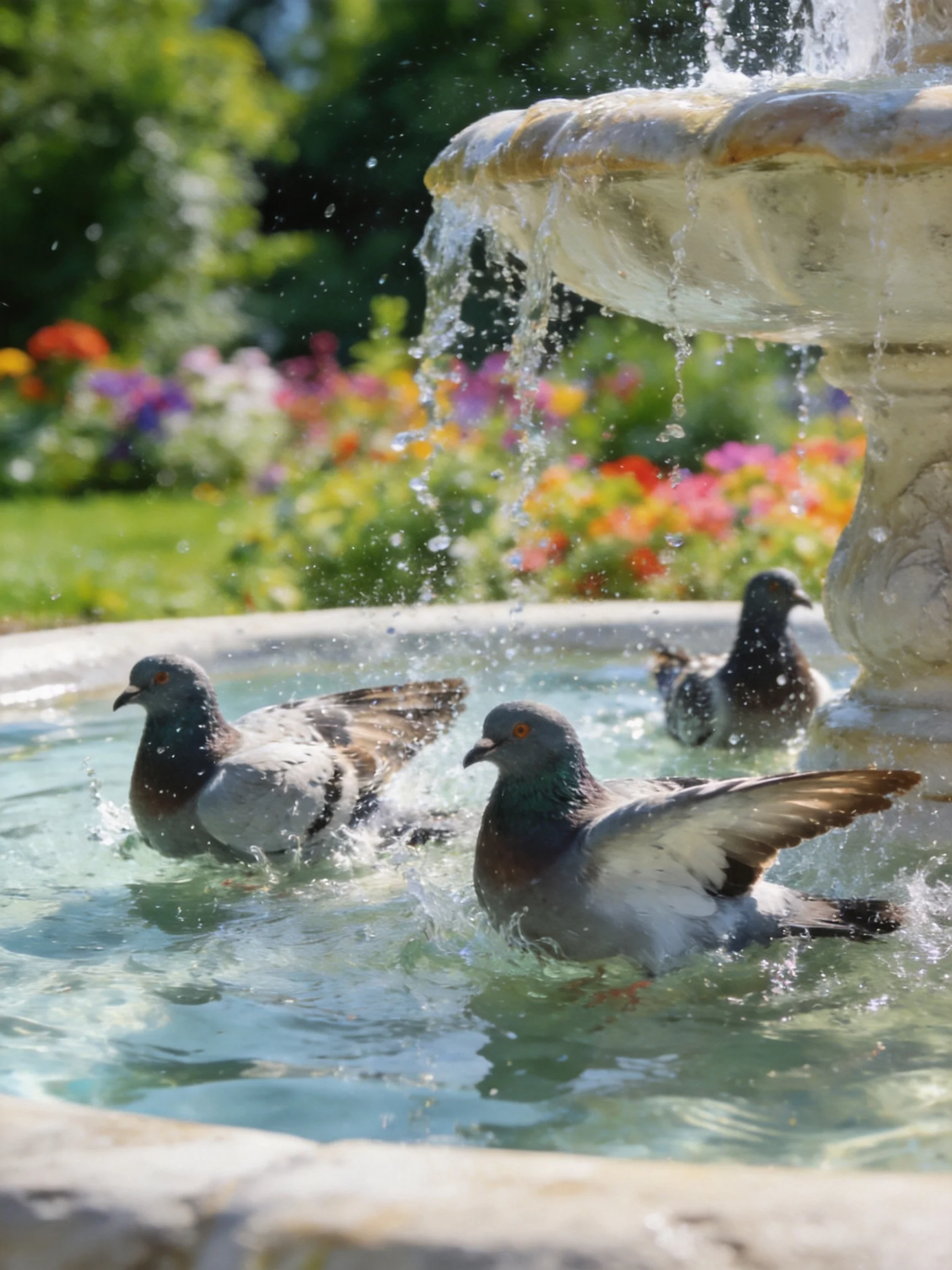 Pigeons bathe in a fountain amid colorful flowers.