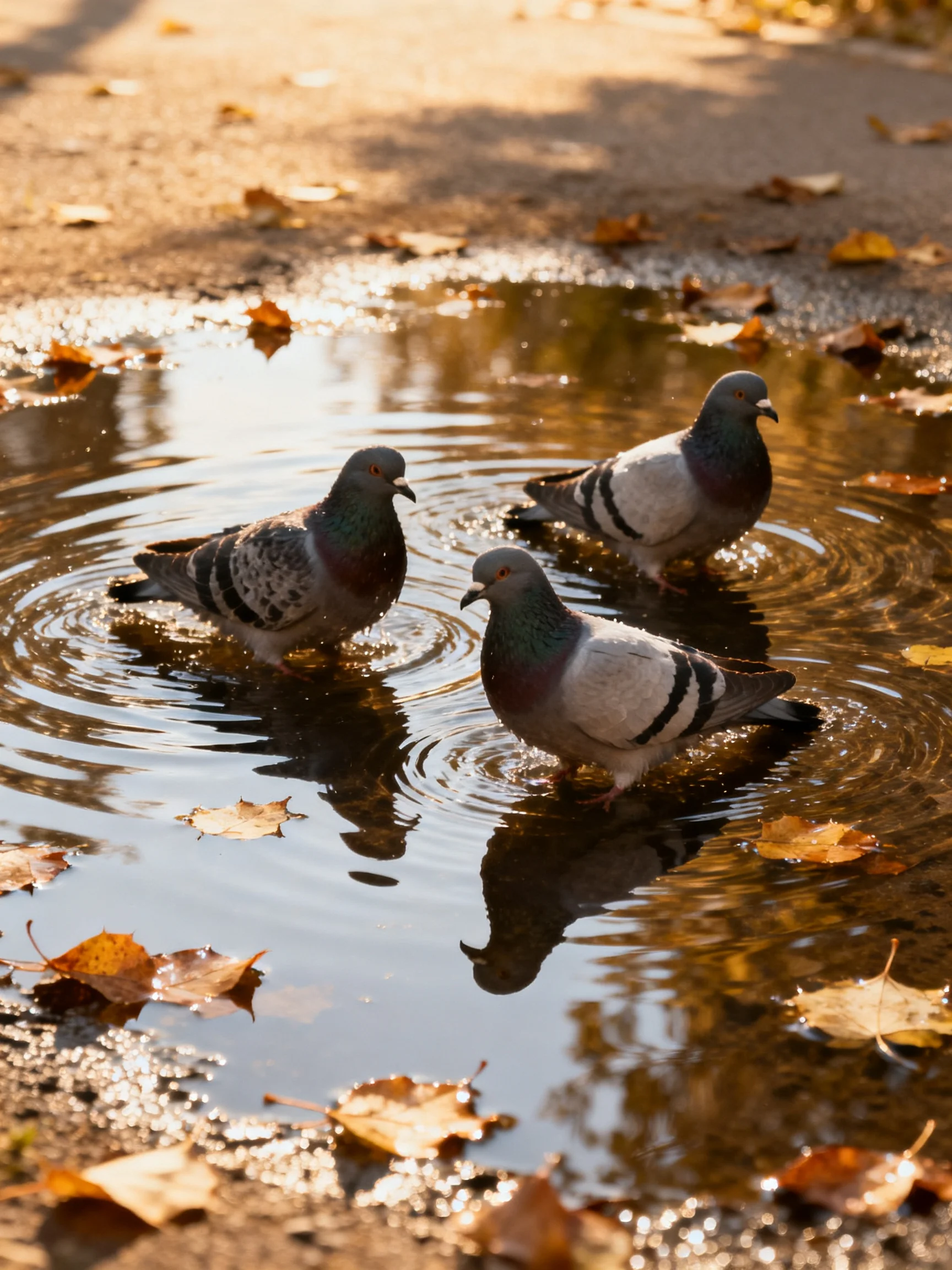 Three pigeons bathing in an autumn leaf-strewn puddle under golden light